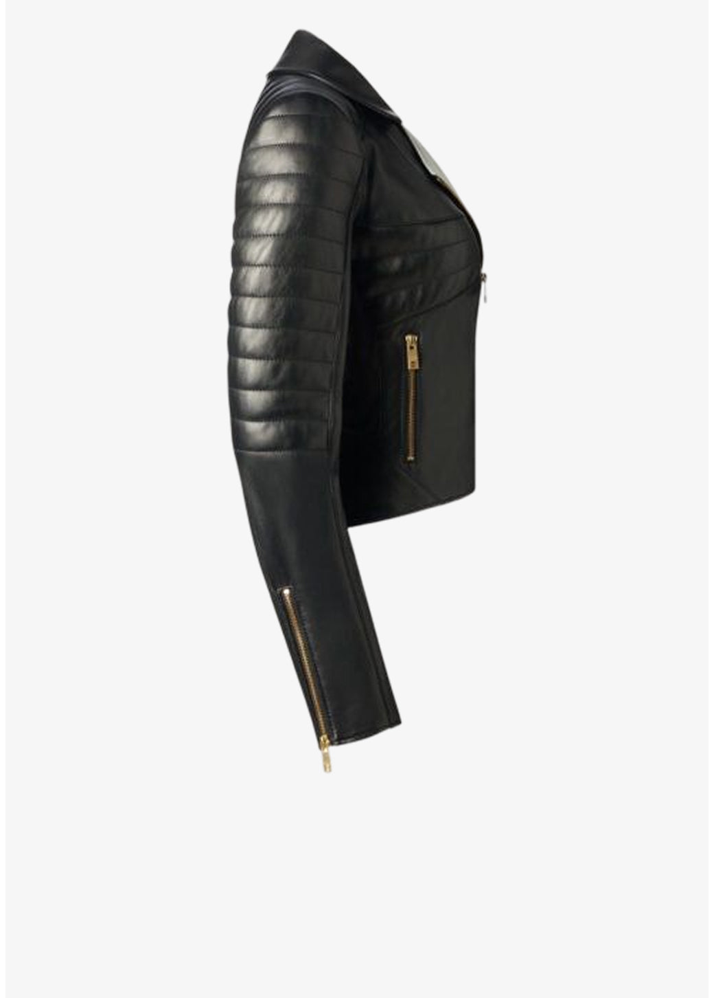 Seitenansicht der schwarzen  Designer Lederjacke für Damen aus französischem Lammleder mit weißem Leder-Kragenbeleg, Rückensteppung und körpernaher Passform von Stefan Eckert.