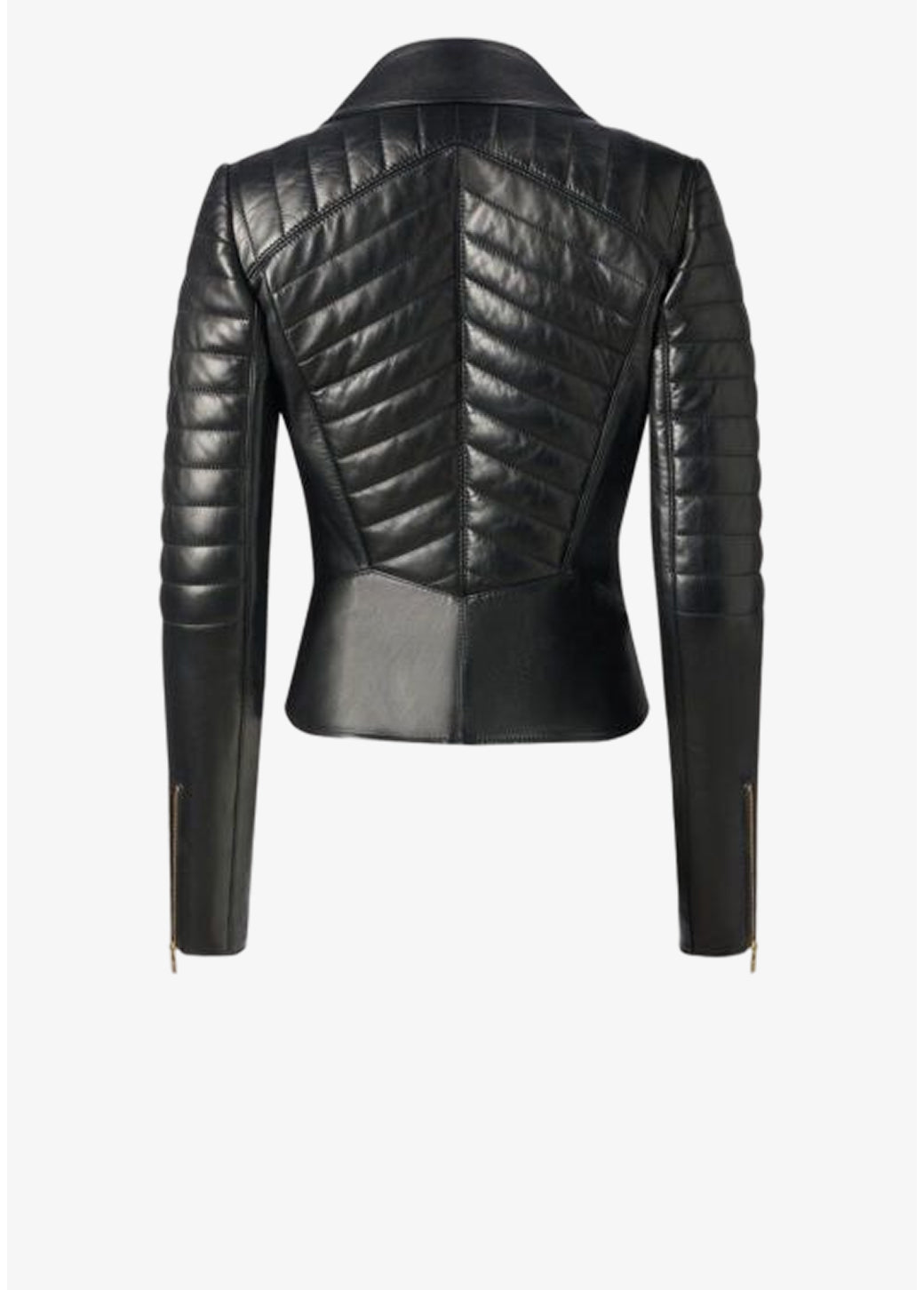 Rückansicht der schwarzen Designer Lederjacke für Damen aus französischem Lammleder mit weißem Leder-Kragenbeleg, Rückensteppung und körpernaher Passform von Stefan Eckert.