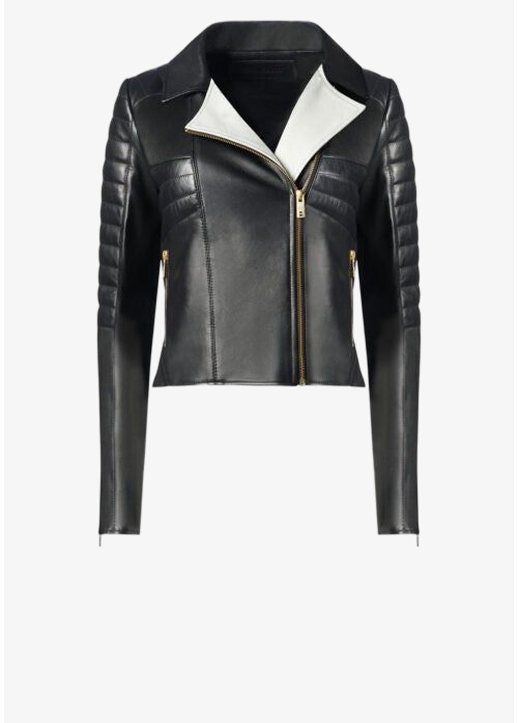 Schwarze Designer Lederjacke für Damen aus französischem Lammleder mit weißem Leder-Kragenbeleg, Rückensteppung und körpernaher Passform von Stefan Eckert.