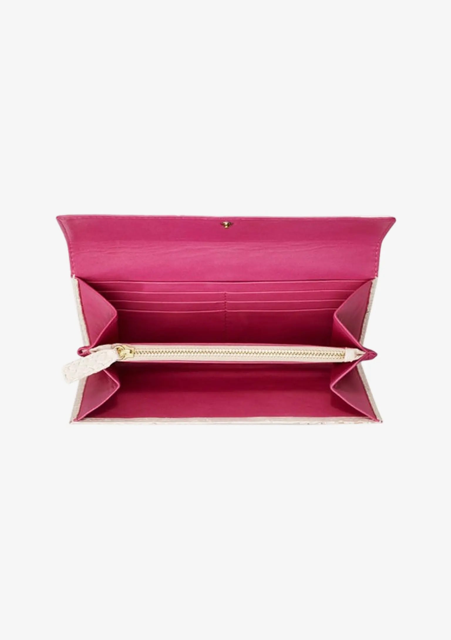 Designer Long Wallet aus Pythonleder in Nude mit pinkfarbenem Innenleben aus Lammleder und strukturierter Innenaufteilung.