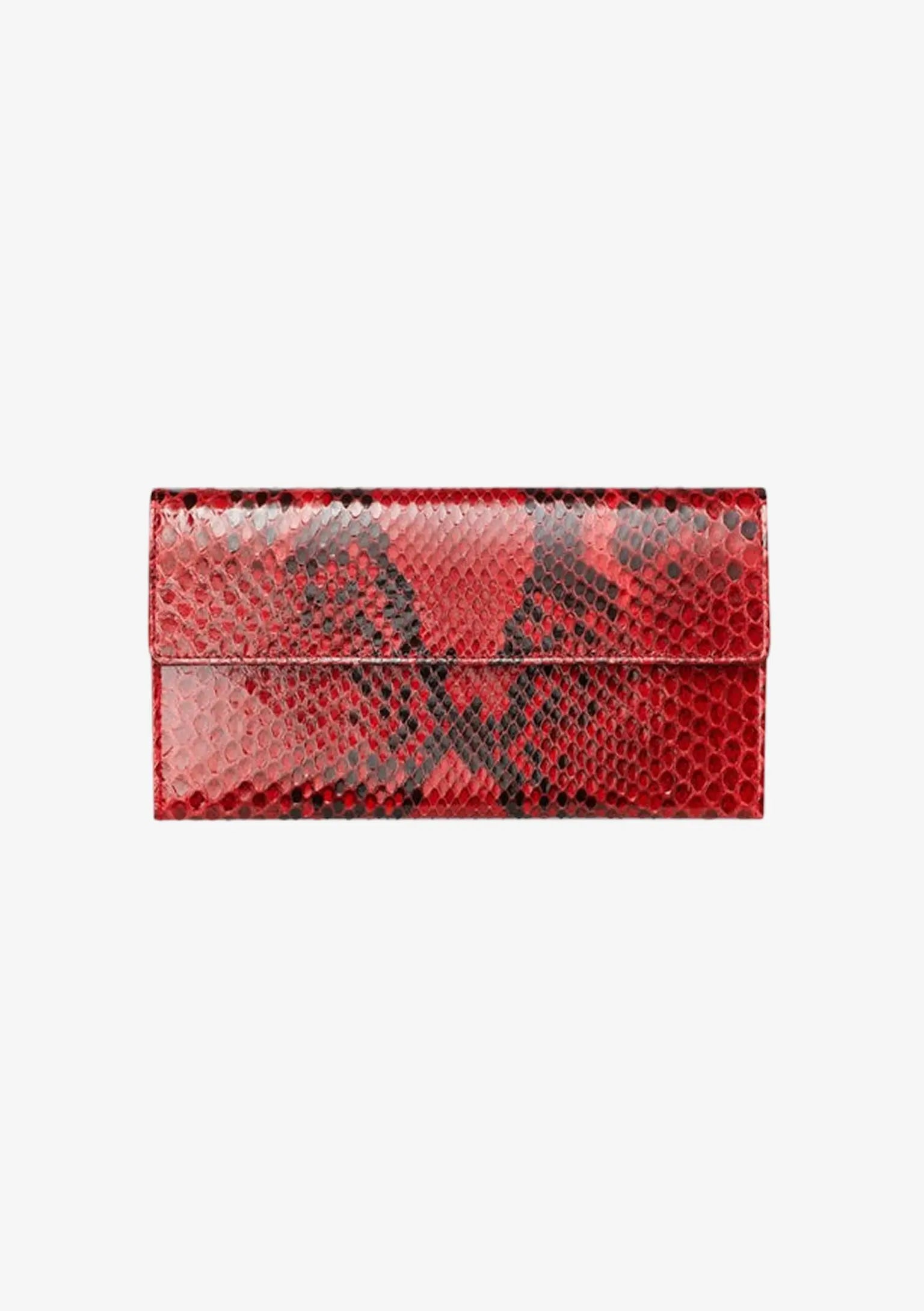 Designer Long Wallet aus rotem Pythonleder mit schwarz-roter Schuppenzeichnung und elegantem länglichen Design.