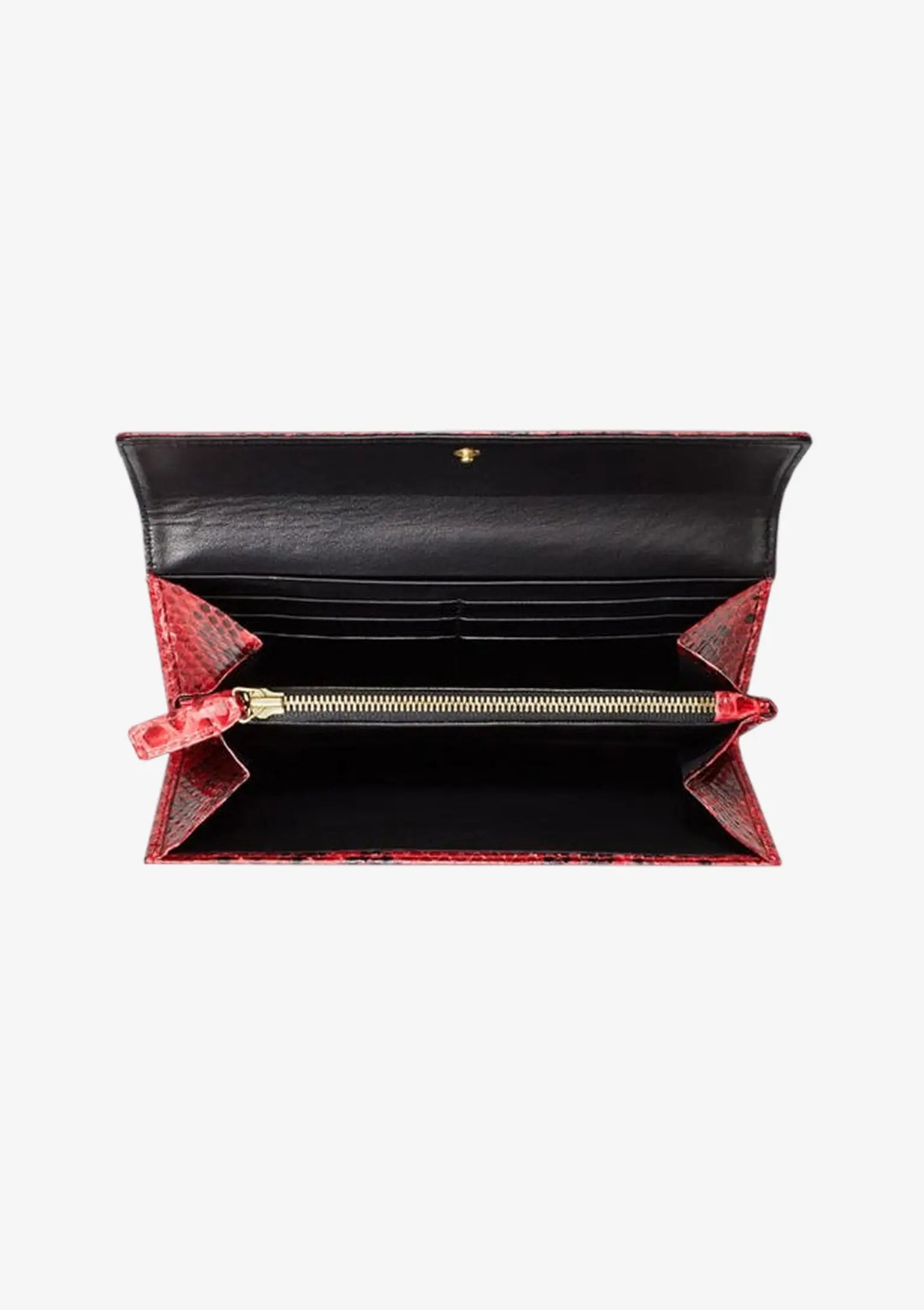 Designer Long Wallet aus rotem Pythonleder mit schwarzem Innenleben aus Lammleder und strukturierter Innenaufteilung.