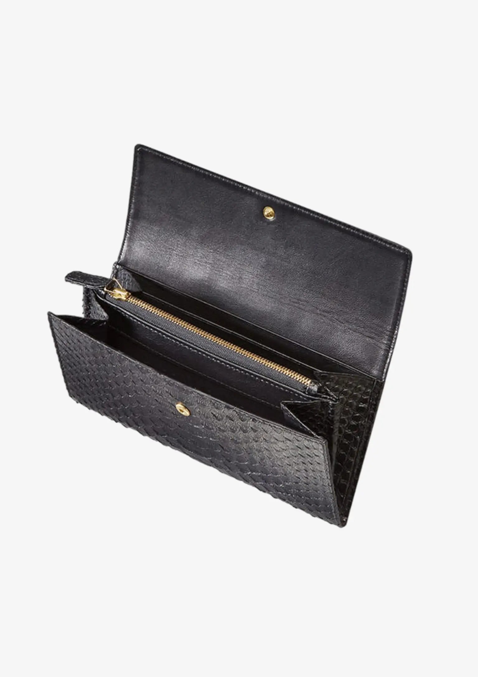 Designer Long Wallet aus schwarzem Pythonleder mit Innenleben aus Lammleder, Kartenfächern und Reißverschlussfach.