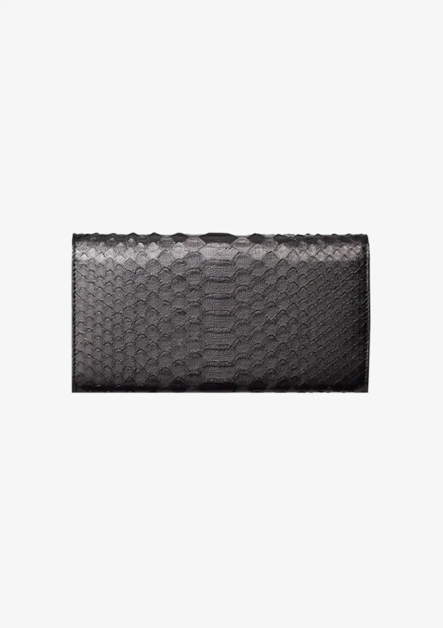 Designer Long Wallet aus schwarzem Pythonleder in länglichem Format mit charakteristischer Pythonstruktur.