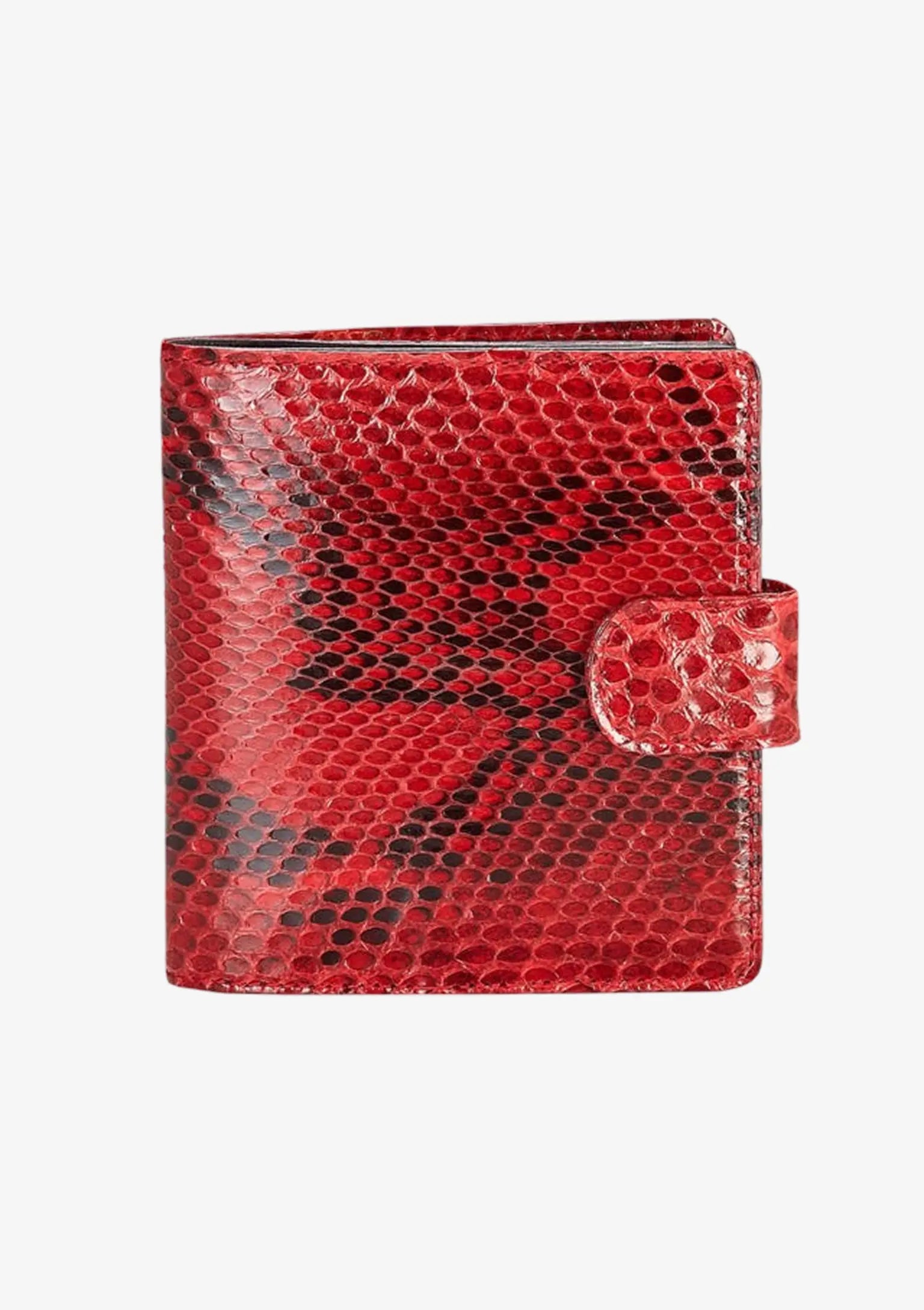 Designer Mini Wallet aus rotem Pythonleder mit Verschlussriegel und markanter schwarz-roter Schuppenzeichnung.