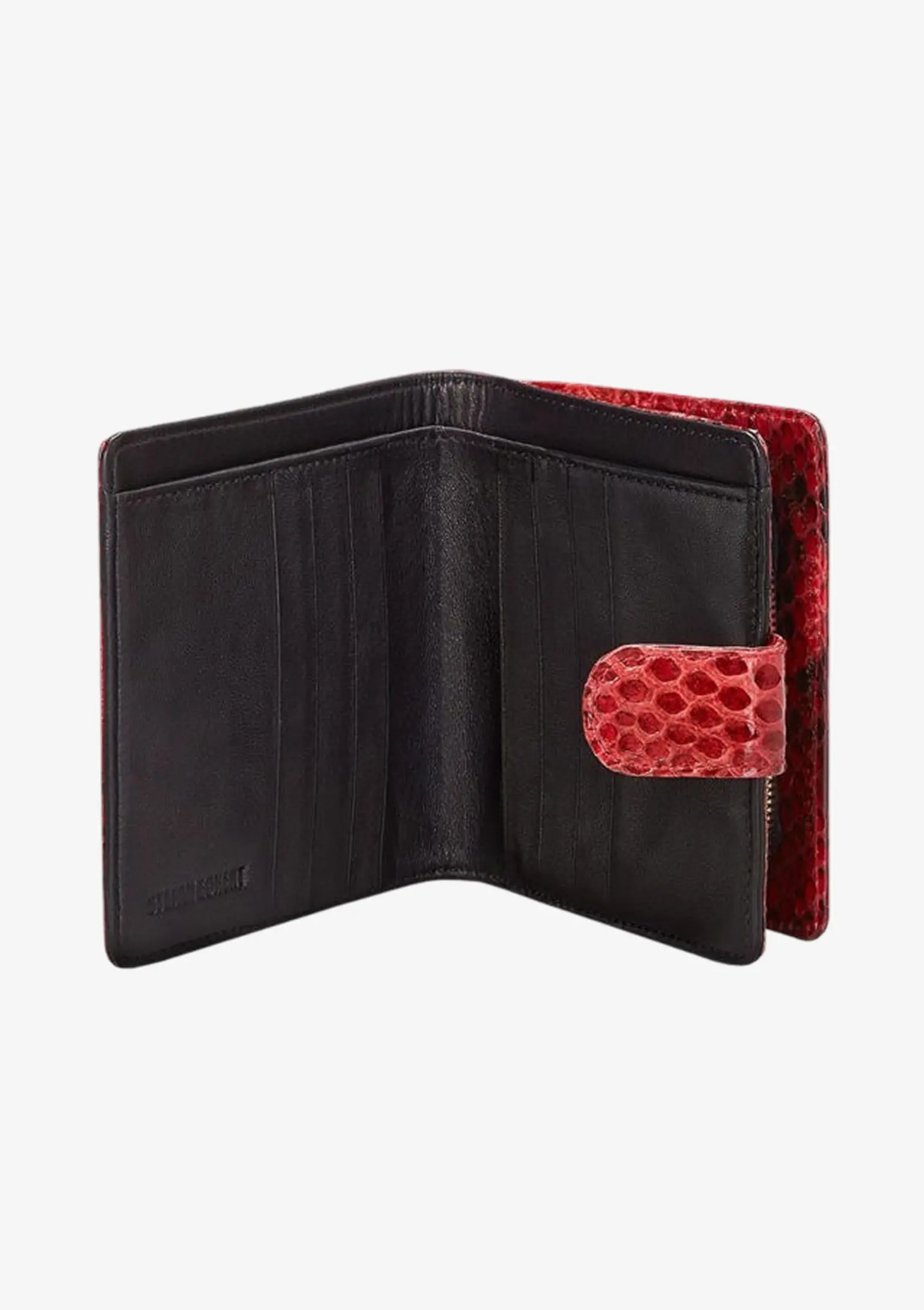 Designer Mini Wallet aus rotem Pythonleder mit schwarzem Innenleben aus Lammleder, Kartenfächern und Verschlussriegel.