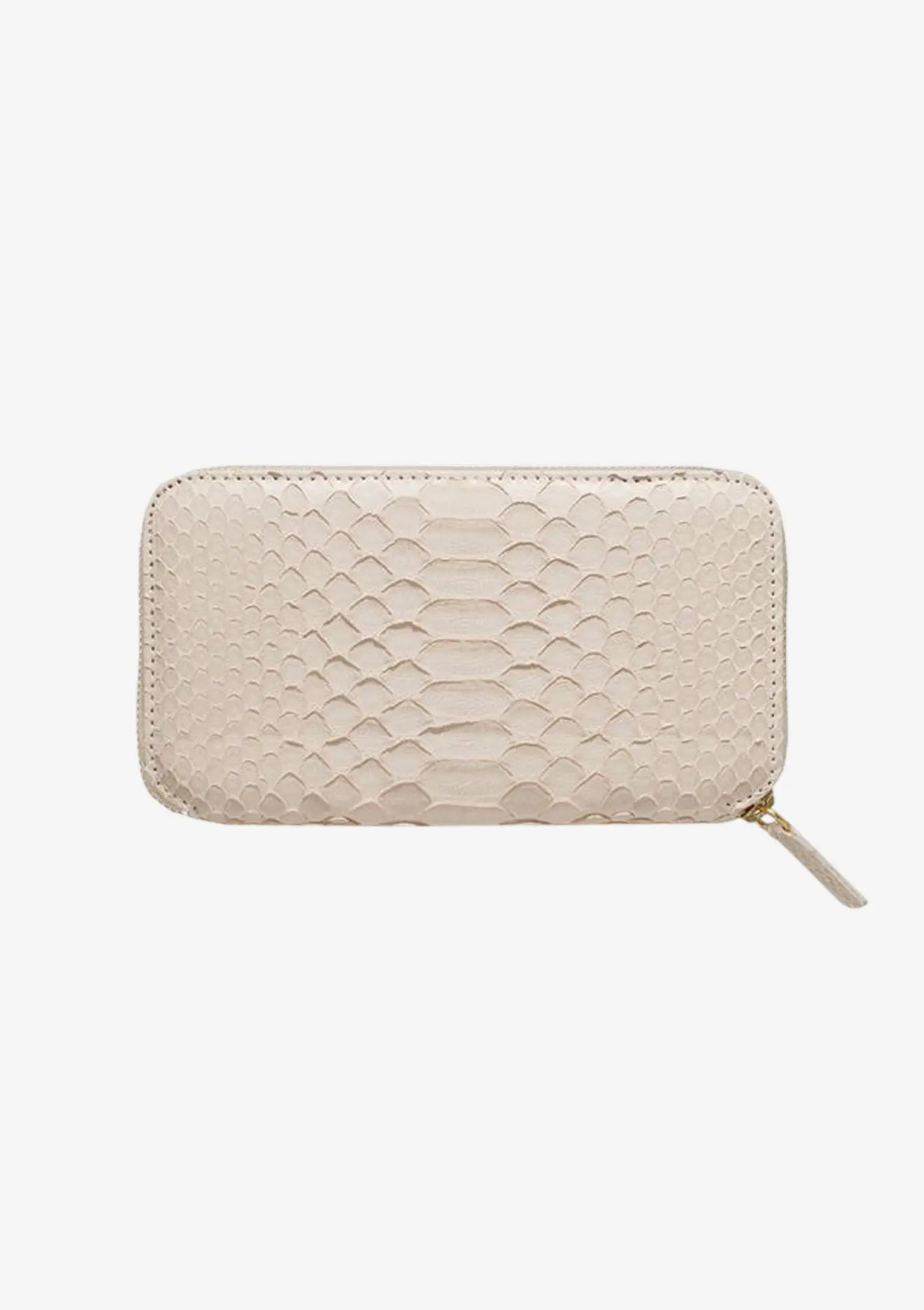 Designer Portemonnaie für Damen aus Pythonleder in Nude mit umlaufendem Reißverschluss und charakteristischer Schuppenstruktur.