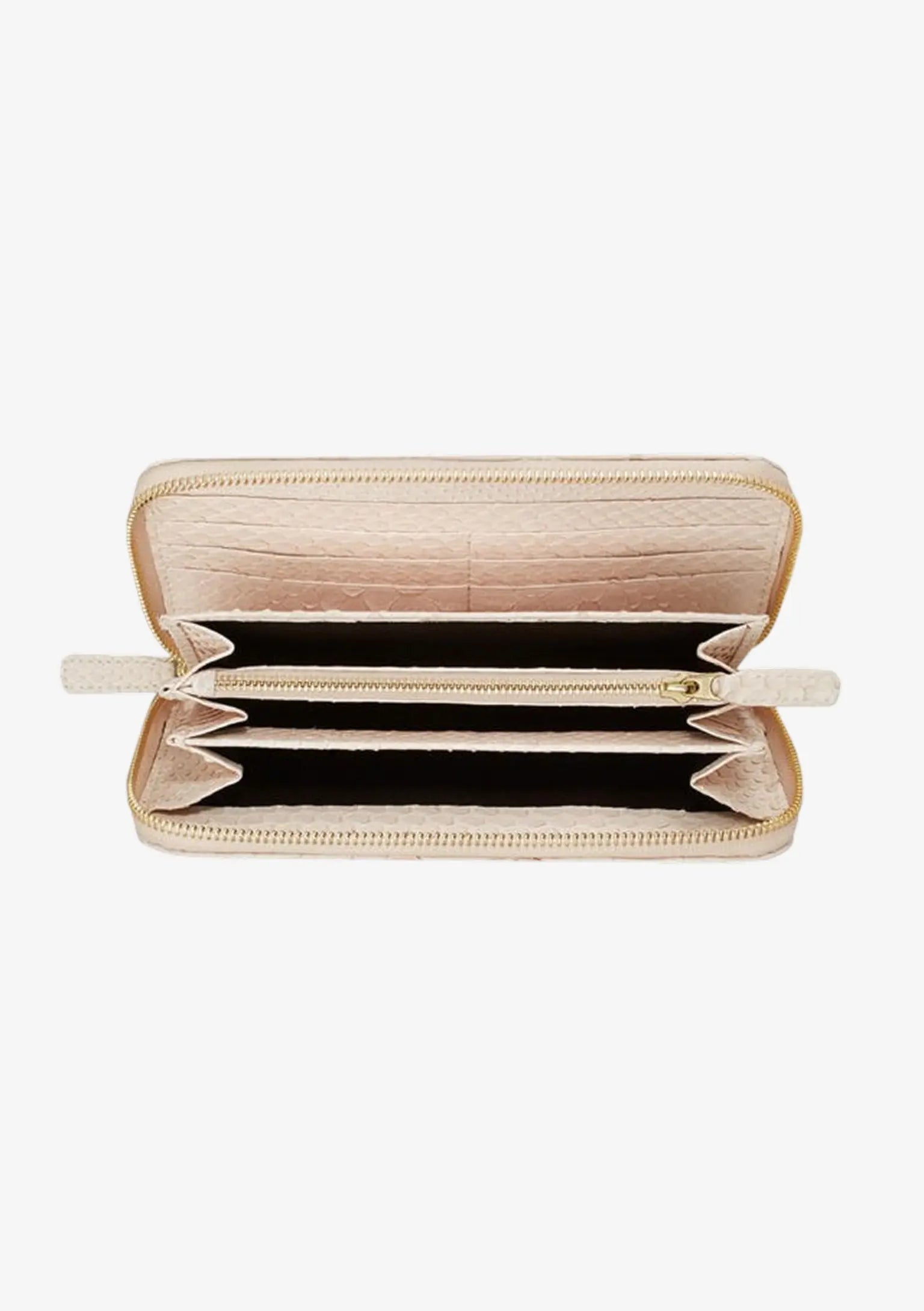 Designer Portemonnaie für Damen aus Pythonleder in Nude mit geöffnetem Reißverschluss und Innenfächern aus hochwertigem Lammleder.