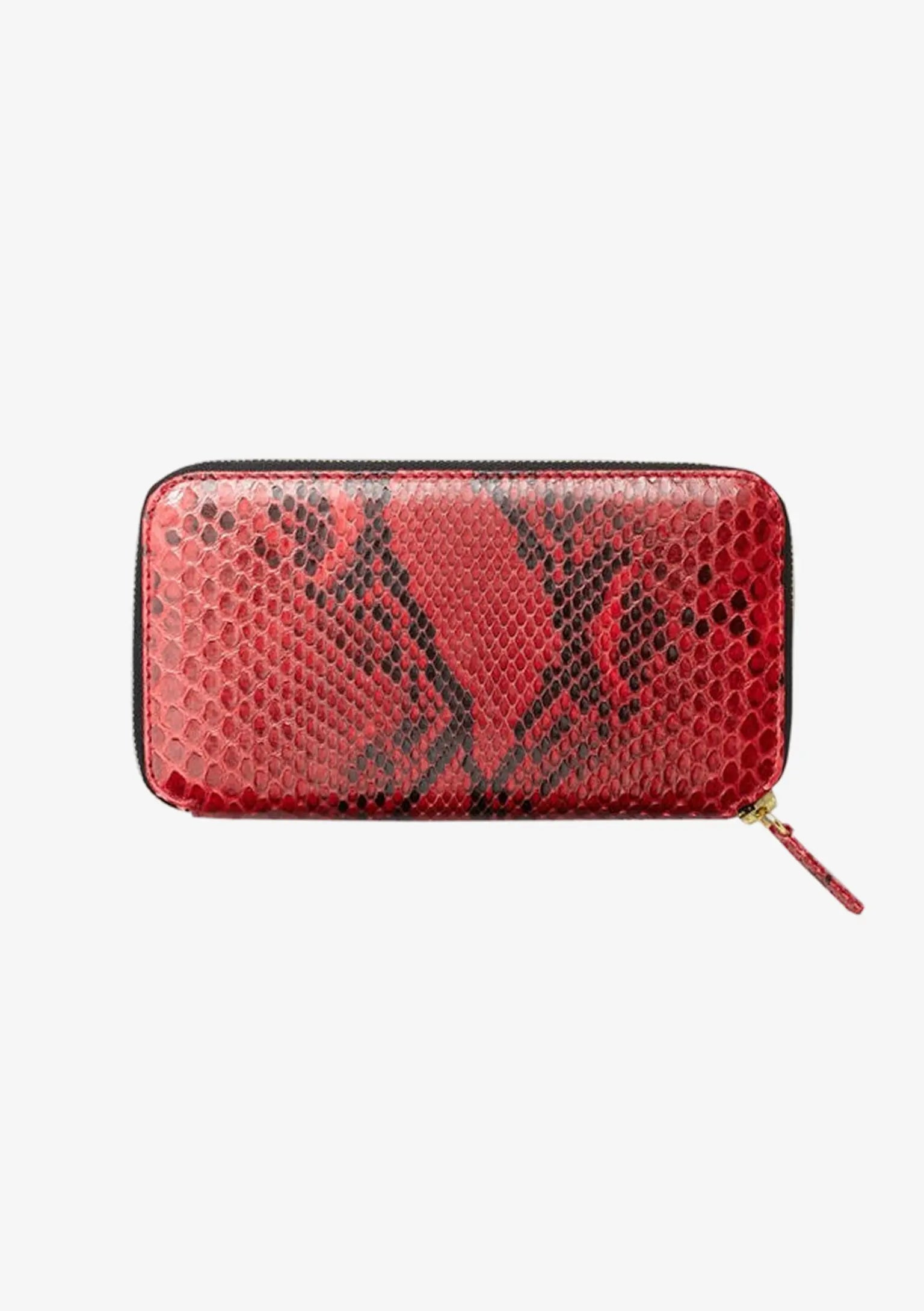 Designer Portemonnaie für Damen aus rotem Pythonleder mit umlaufendem Reißverschluss und charakteristischer Schuppenzeichnung.