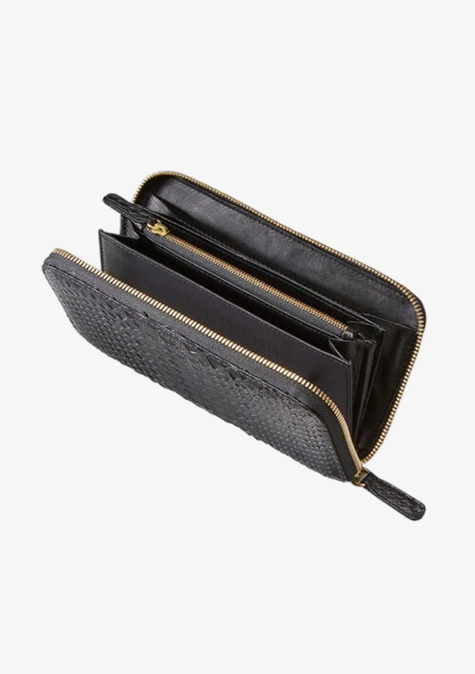 Designer Portemonnaie für Damen aus schwarzem Pythonleder mit goldfarbenem Reißverschluss, Kartenfächern und Innenfutter aus Lammleder.