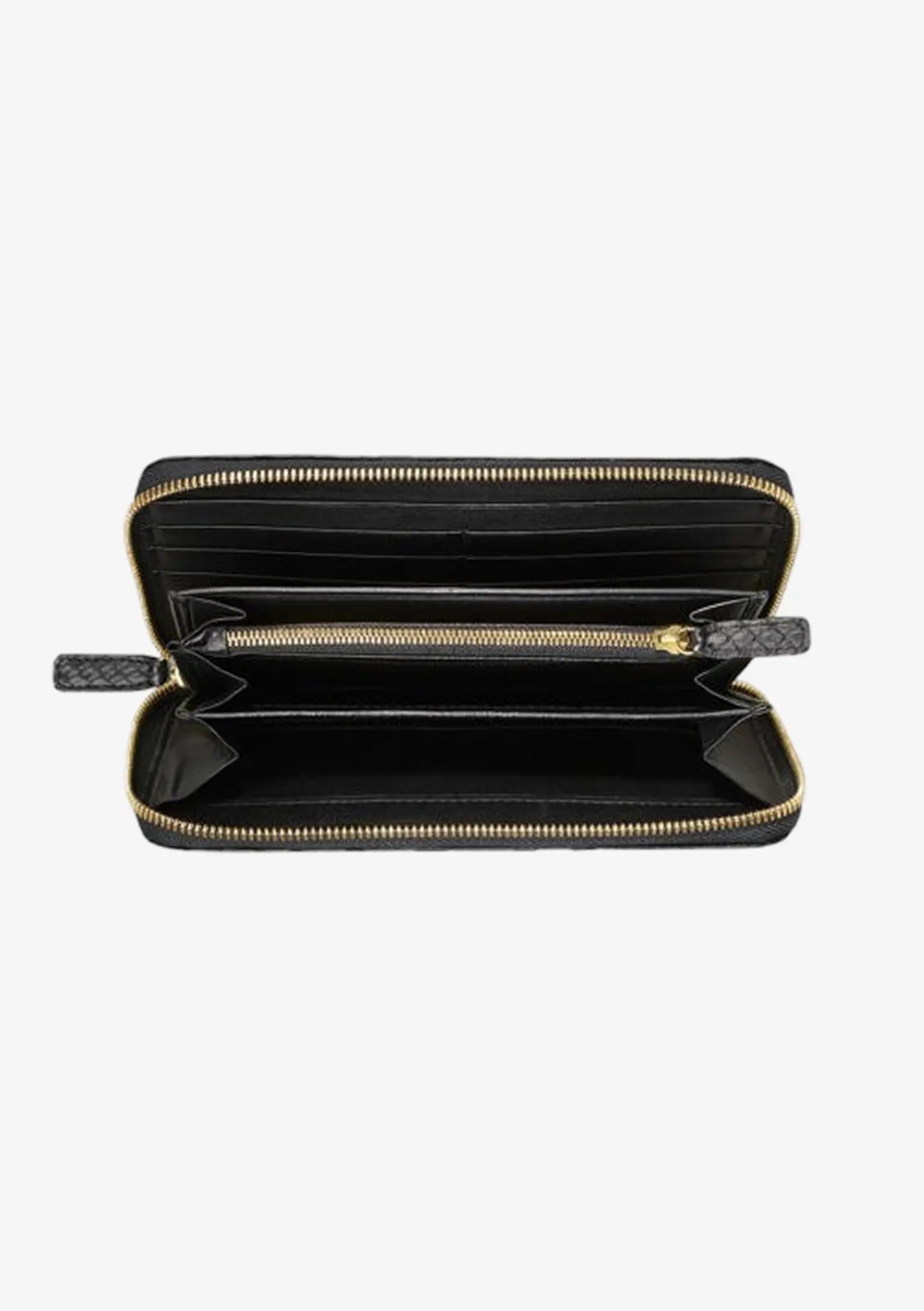 Designer Portemonnaie für Damen aus schwarzem Pythonleder mit Kartenfächern, Münzfach und goldfarbenen Reißverschlüssen – Innenansicht.