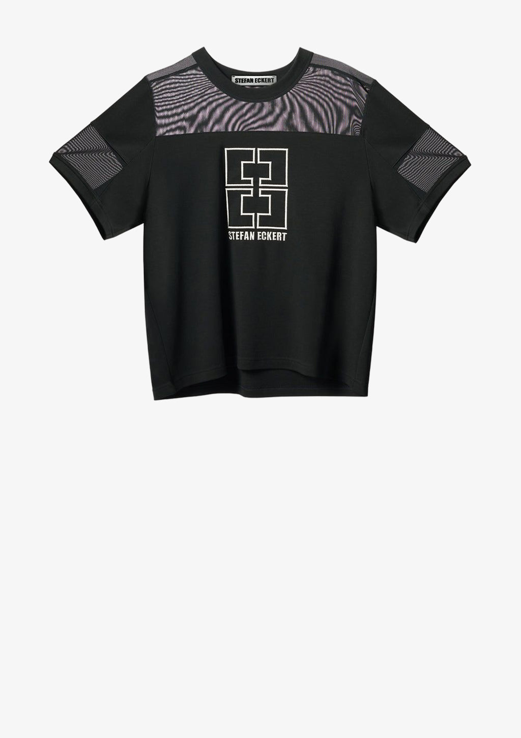Luxus Designer-T-Shirt für Damen von Stefan Eckert im Football-Style mit transparenten Mesh-Einsätzen an Schultern und Ärmeln. Veredelt mit einer hochwertigen Stickerei des markanten Double-E Logos als charakteristische Signatur der Marke.