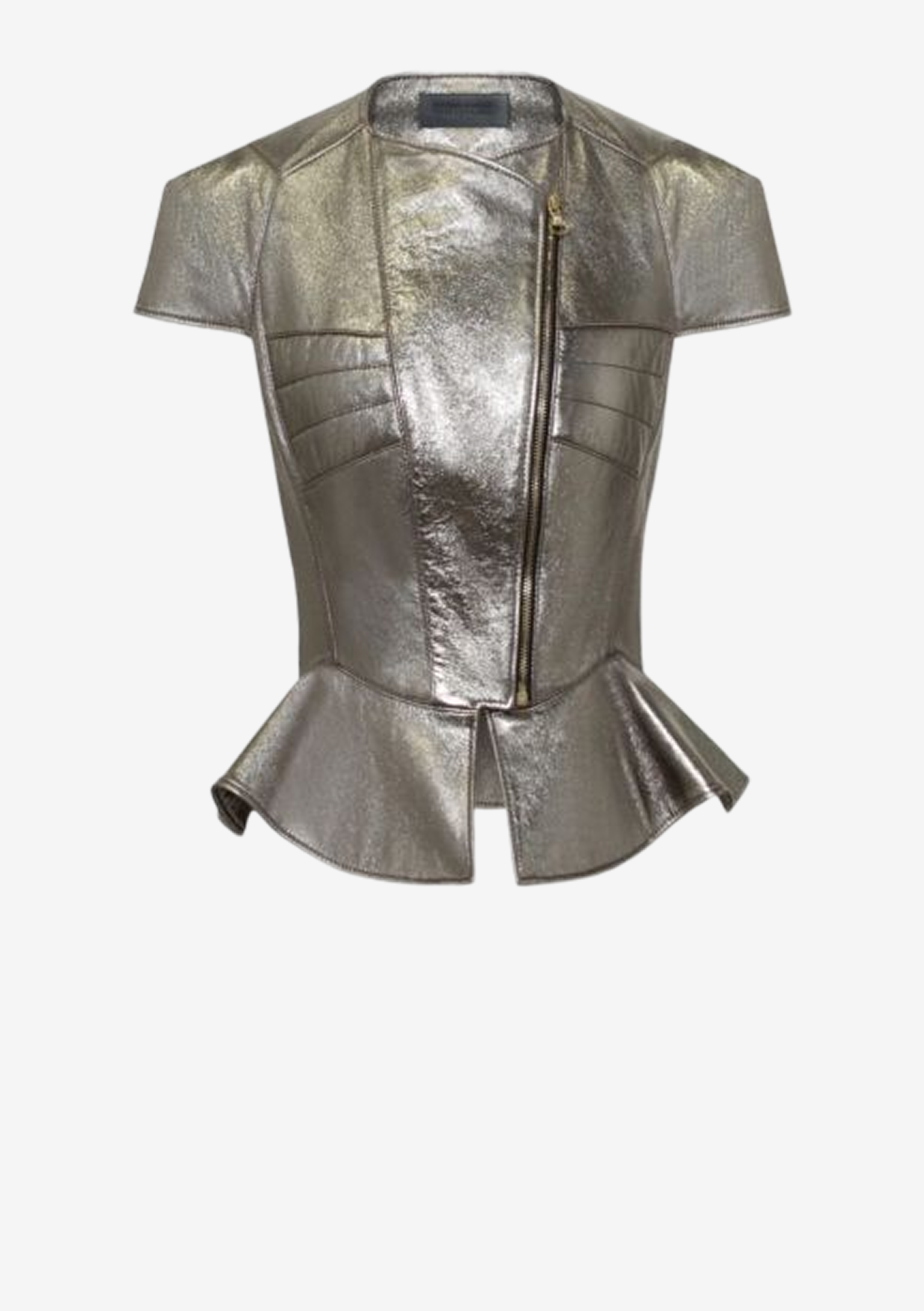 Goldene Designer Lederjacke für Damen aus Lammleder mit skulpturalen Schultern, schmaler Taille, Schößchen und asymmetrischem Reißverschluss von Stefan Eckert.