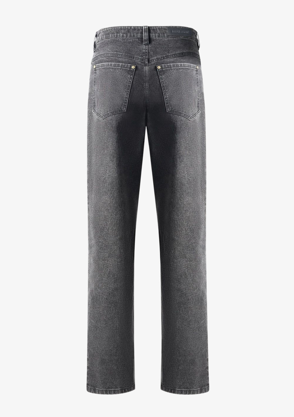 Rückansicht der grauen Herren Designer Jeans von Stefan Eckert mit geradem Bein, aufgesetzten Gesäßtaschen, goldfarbenen Nieten und Logo-Patch am Bund