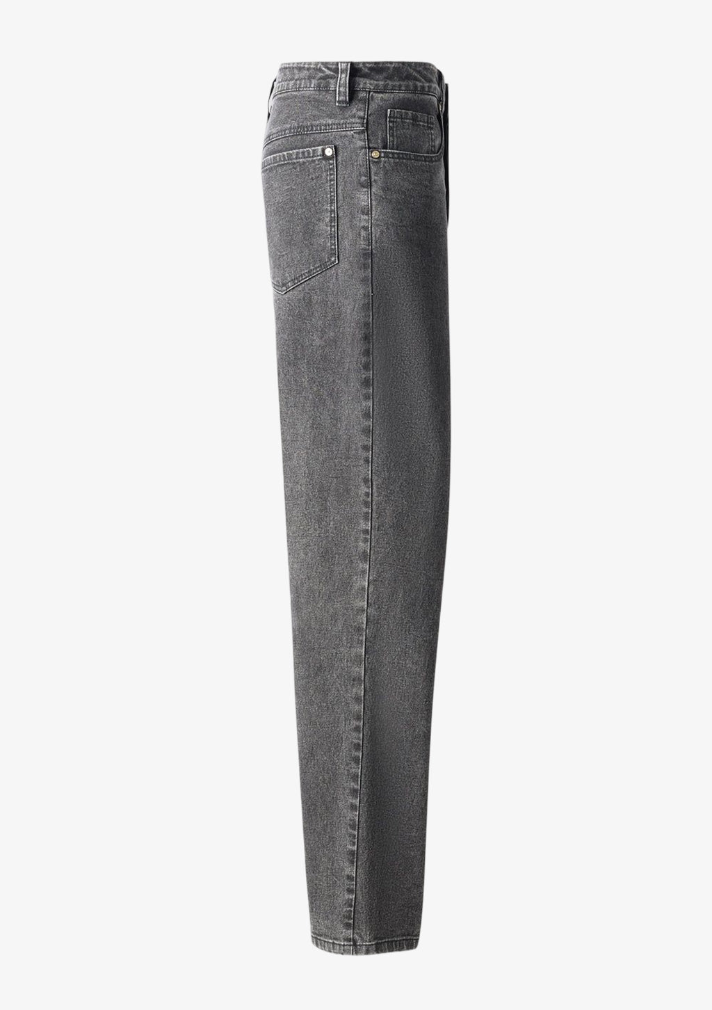 Seitenansicht der grauen Designer Herren Jeans von Stefan Eckert mit geradem Bein, verwaschener Denim-Optik und goldfarbenen Nieten