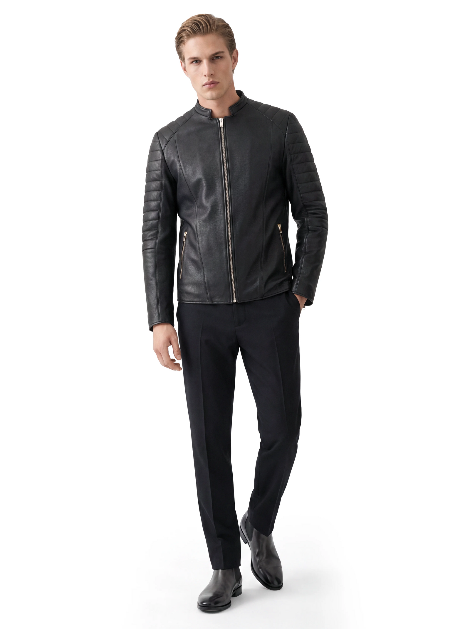 Luxus Designer Herren-Lederjacke aus hochwertigem **Hirschleder in Schwarz** mit markanter Biker-Steppung an Schultern und Ärmeln, geradem Reißverschluss und seitlichen Reißverschlusstaschen.
