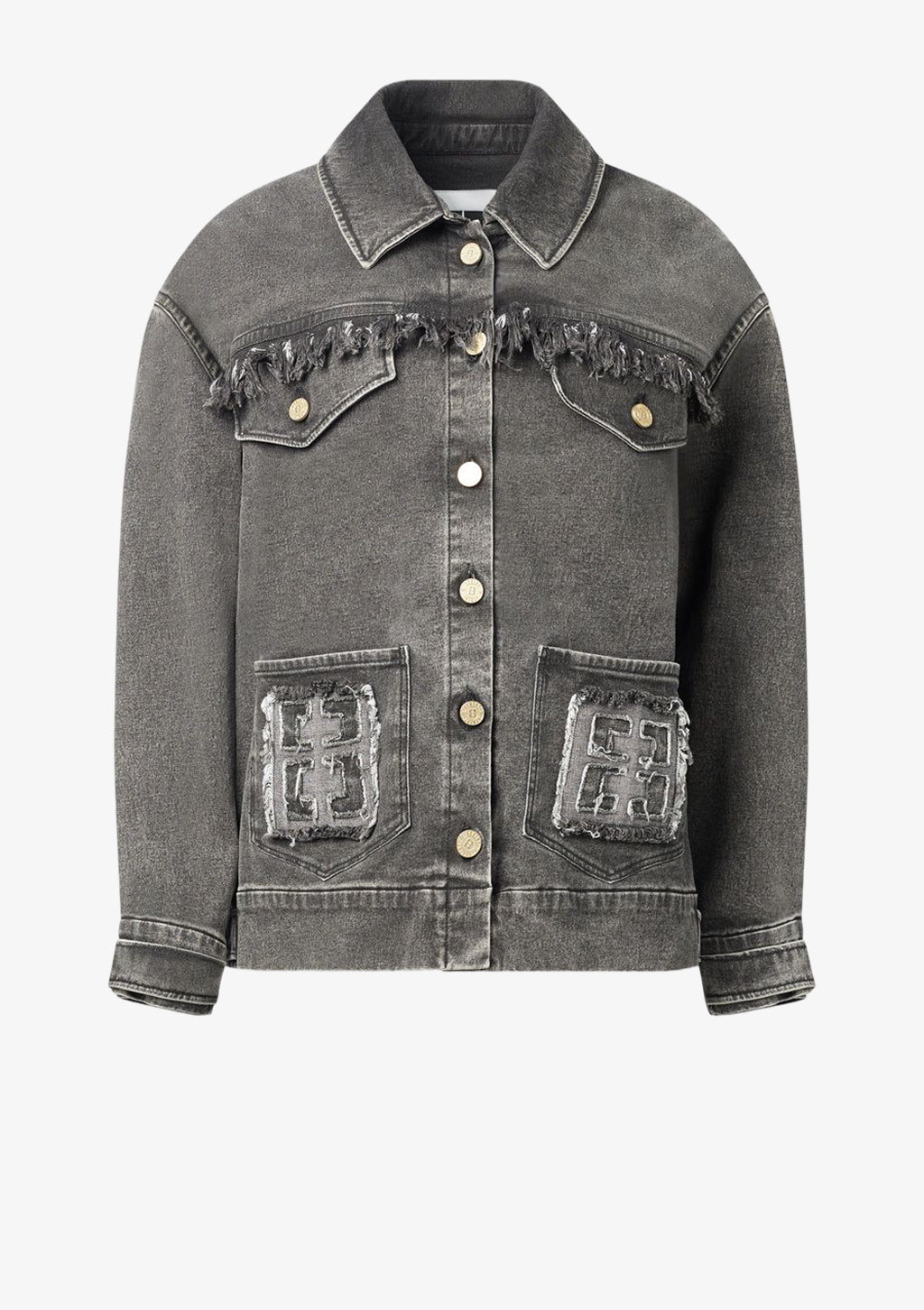 Monogram Oversize Jeansjacke mit Fransen für Damen in schwarz von Designer Stefan Eckert. Erhältlich in Hamburg, London, New York, London und Paris. Fringed denim jacket for women in black by designer Stefan Eckert. Available in Hamburg, London, New York, London and Paris.