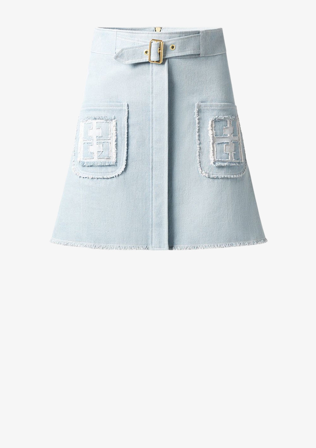 Monogram Minirock Vintageblau mit aufgesetzten Taschen und Gürtel von Designer Stefan Eckert. Erhältlich in Hamburg, London, New York, London und Paris. Denim skirt light blue with patch pockets and belt by designer Stefan Eckert. Available in Hamburg, London, New York, London and Paris.
