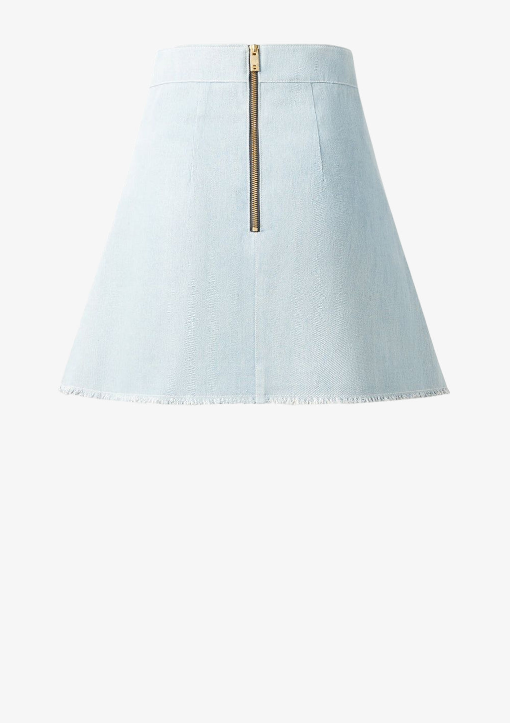 Monogram Minirock Vintageblau mit aufgesetzten Taschen und Gürtel von Designer Stefan Eckert. Erhältlich in Hamburg, London, New York, London und Paris. Denim skirt light blue with patch pockets and belt by designer Stefan Eckert. Available in Hamburg, London, New York, London and Paris.