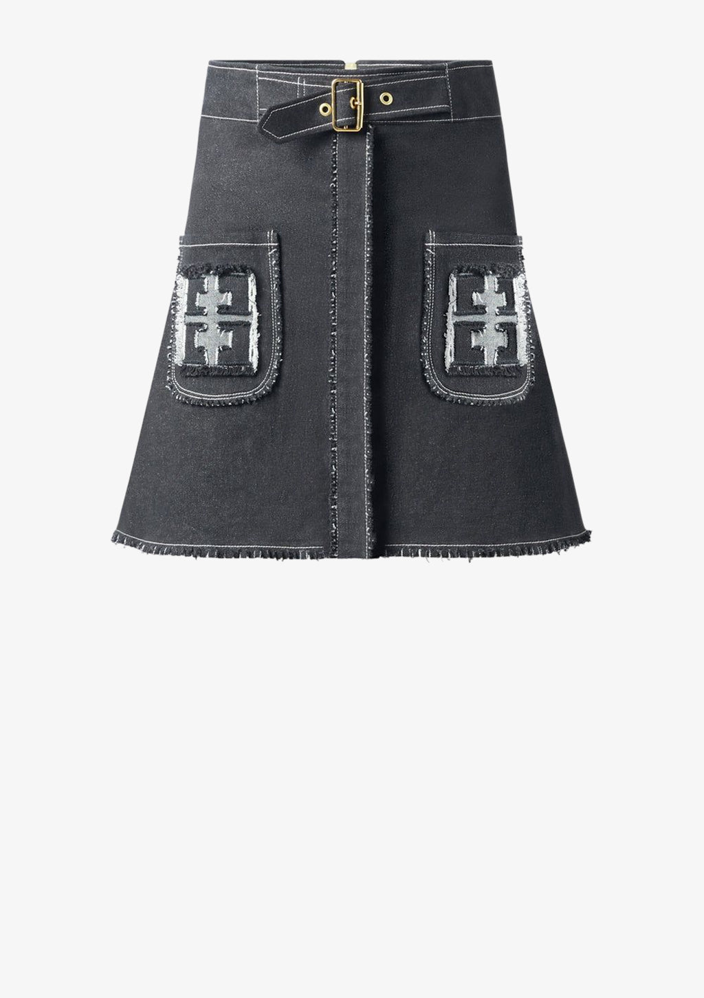 Monogram Jeans Faltenrock. Ausgestellter Jeansrock schwarz mit aufgesetzten Taschen und Falten von Designer Stefan Eckert. Erhältlich in Hamburg, London, New York, London und Paris. Flared denim skirt black with patch pockets and pleats by designer Stefan Eckert. Available in Hamburg, London, New York, London and Paris.