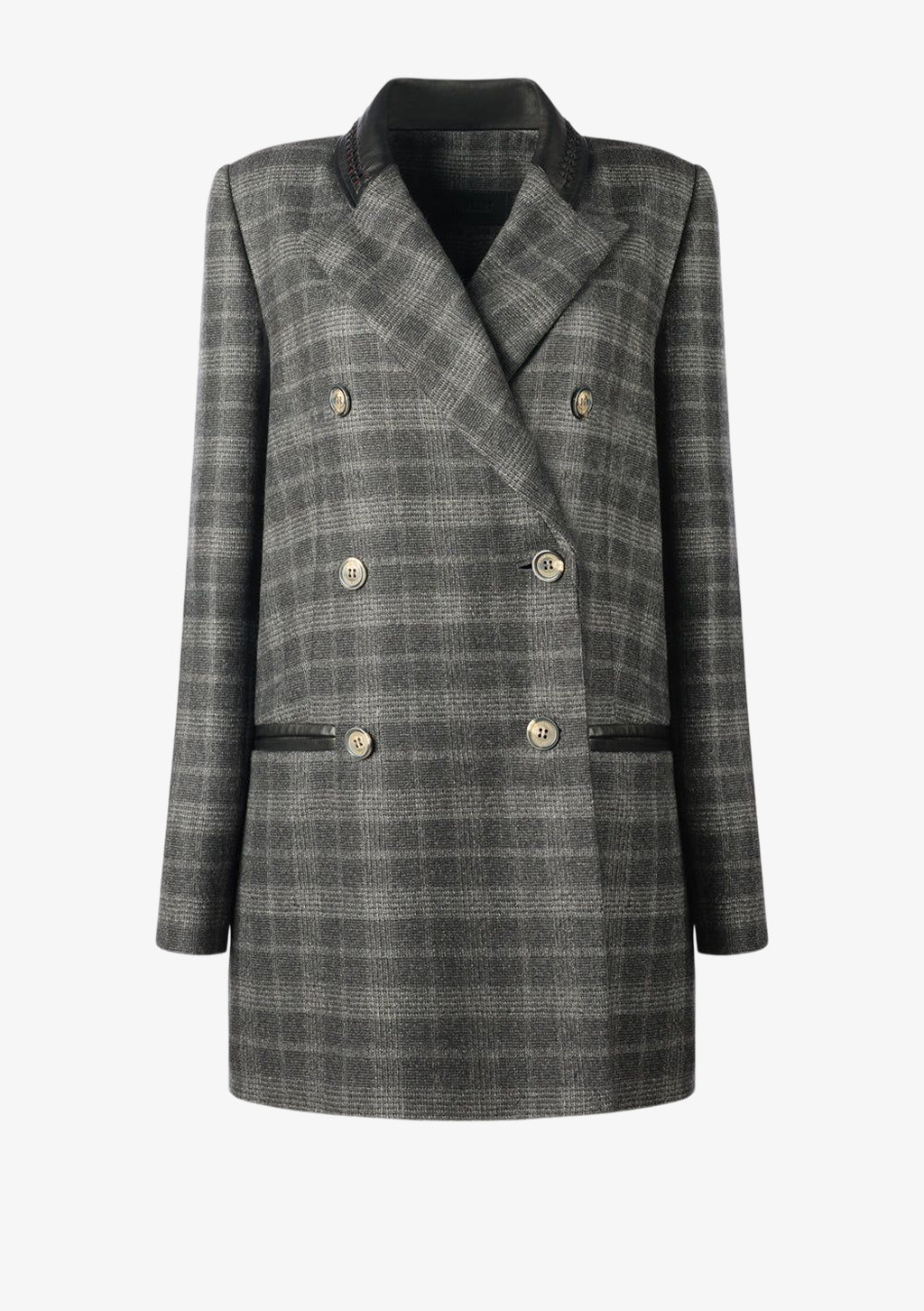 Bonnie Blazer Karo, Doppelreihiger Blazer für Damen aus karierter feiner Wolle in grau und schwarz mit geflochtenem Lederkragen von Designer Stefan Eckert. Erhältlich in Hamburg, London, New York, London und Paris. Double-breasted blazer for women in checked fine wool in gray and black with braided leather collar by designer Stefan Eckert. Available in Hamburg, London, New York, London and Paris.