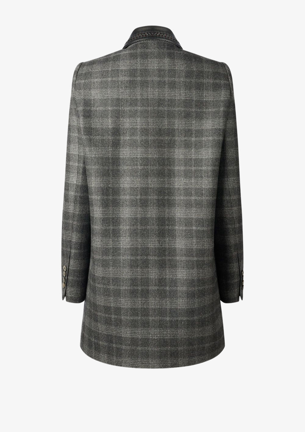 Bonnie Blazer Karo, Doppelreihiger Blazer für Damen aus karierter feiner Wolle in grau und schwarz mit geflochtenem Lederkragen von Designer Stefan Eckert. Erhältlich in Hamburg, London, New York, London und Paris. Double-breasted blazer for women in checked fine wool in gray and black with braided leather collar by designer Stefan Eckert. Available in Hamburg, London, New York, London and Paris.