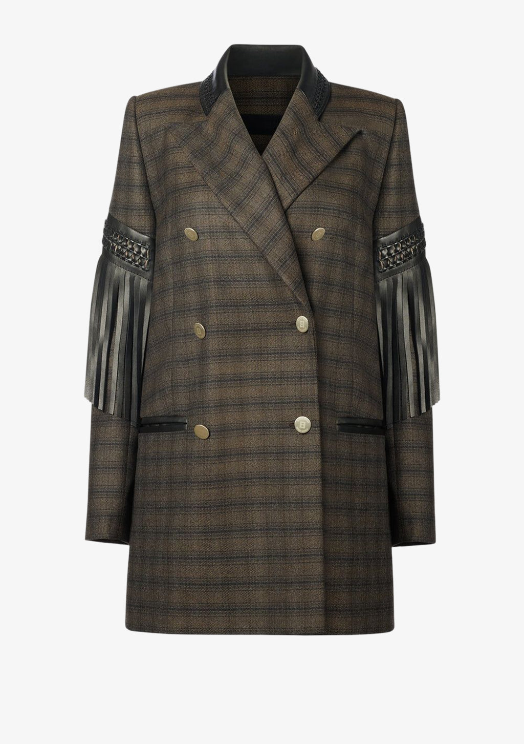 Bonnie Blazer mit Leder-Fransen, Doppelreihiger Blazer für Damen aus karierter feiner Wolle mit geflochtenem Lederkragen und Lederfransen von Designer Stefan Eckert. Erhältlich in Hamburg, London, New York, London und Paris. Double-breasted blazer for women in checked fine wool with braided leather collar and leather fringe by designer Stefan Eckert. Available in Hamburg, London, New York, London and Paris.