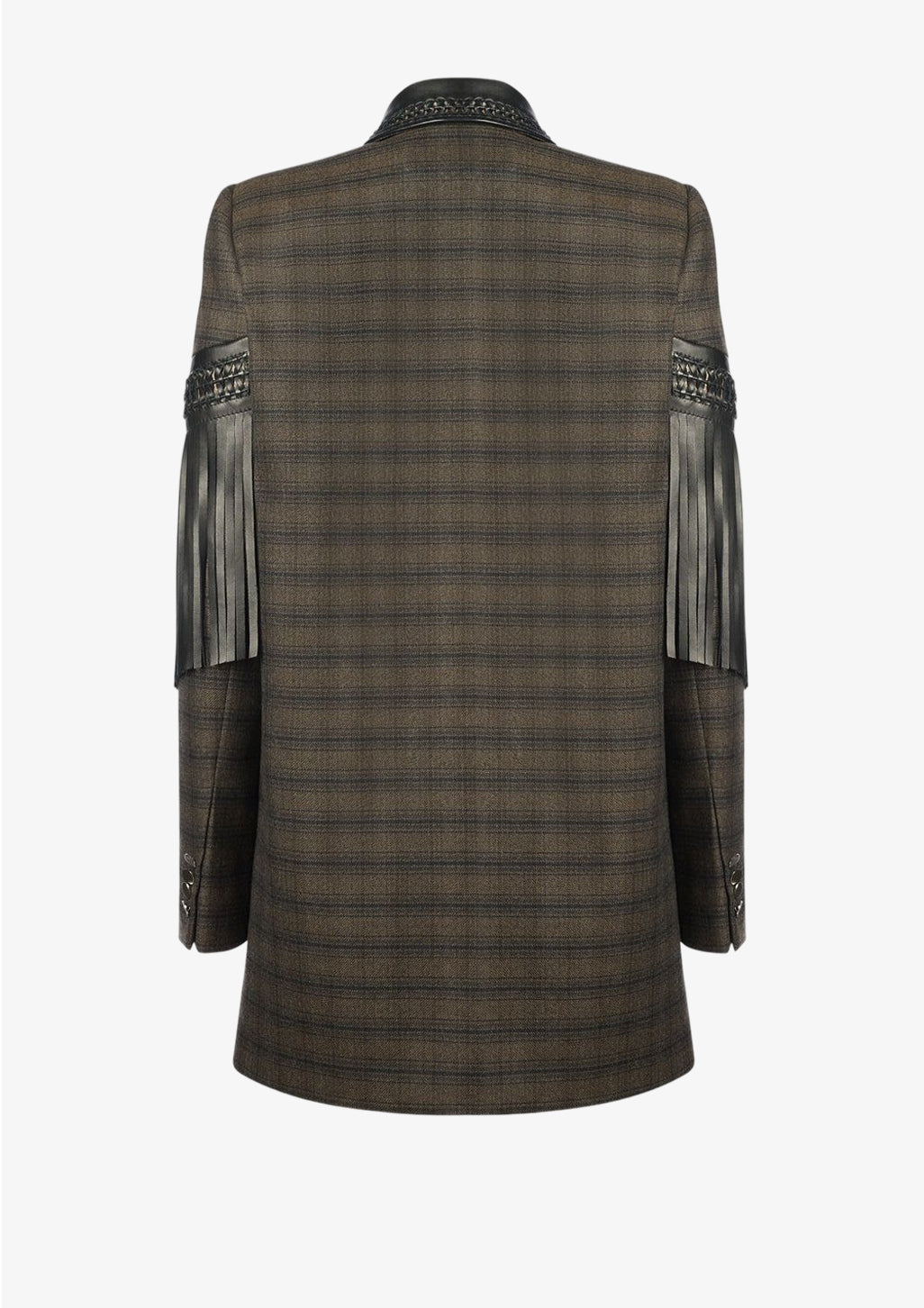 Bonnie Blazer mit Leder-Fransen, Doppelreihiger Blazer für Damen aus karierter feiner Wolle mit geflochtenem Lederkragen und Lederfransen von Designer Stefan Eckert. Erhältlich in Hamburg, London, New York, London und Paris. Double-breasted blazer for women in checked fine wool with braided leather collar and leather fringe by designer Stefan Eckert. Available in Hamburg, London, New York, London and Paris.
