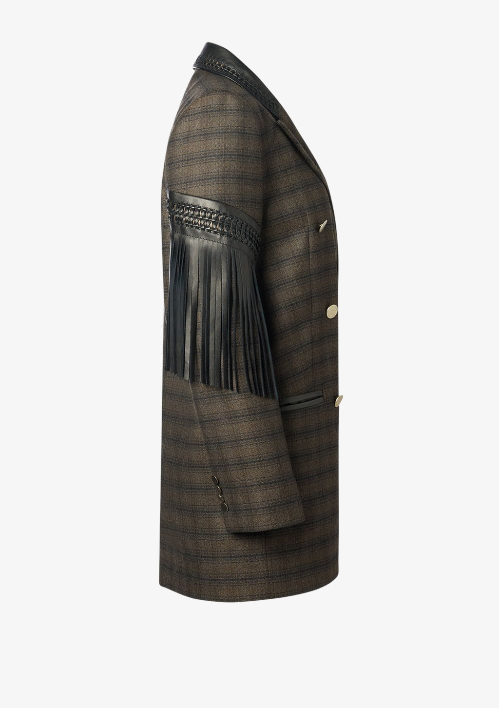Bonnie Blazer mit Leder-Fransen, Doppelreihiger Blazer für Damen aus karierter feiner Wolle mit geflochtenem Lederkragen und Lederfransen von Designer Stefan Eckert. Erhältlich in Hamburg, London, New York, London und Paris. Double-breasted blazer for women in checked fine wool with braided leather collar and leather fringe by designer Stefan Eckert. Available in Hamburg, London, New York, London and Paris.