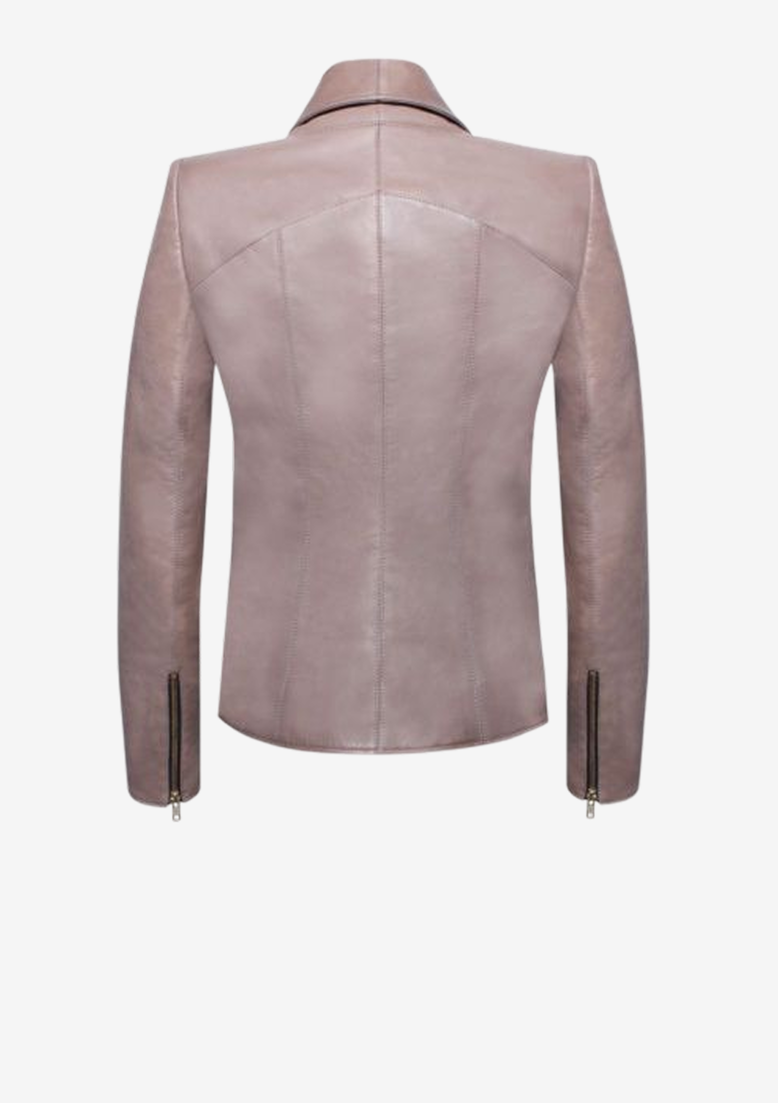 Rückansicht mauvefarbener Designer Lederblazer für Damen aus Lammleder mit fließendem Schalkragen, taillierter Silhouette und Reißverschlusstaschen von Stefan Eckert