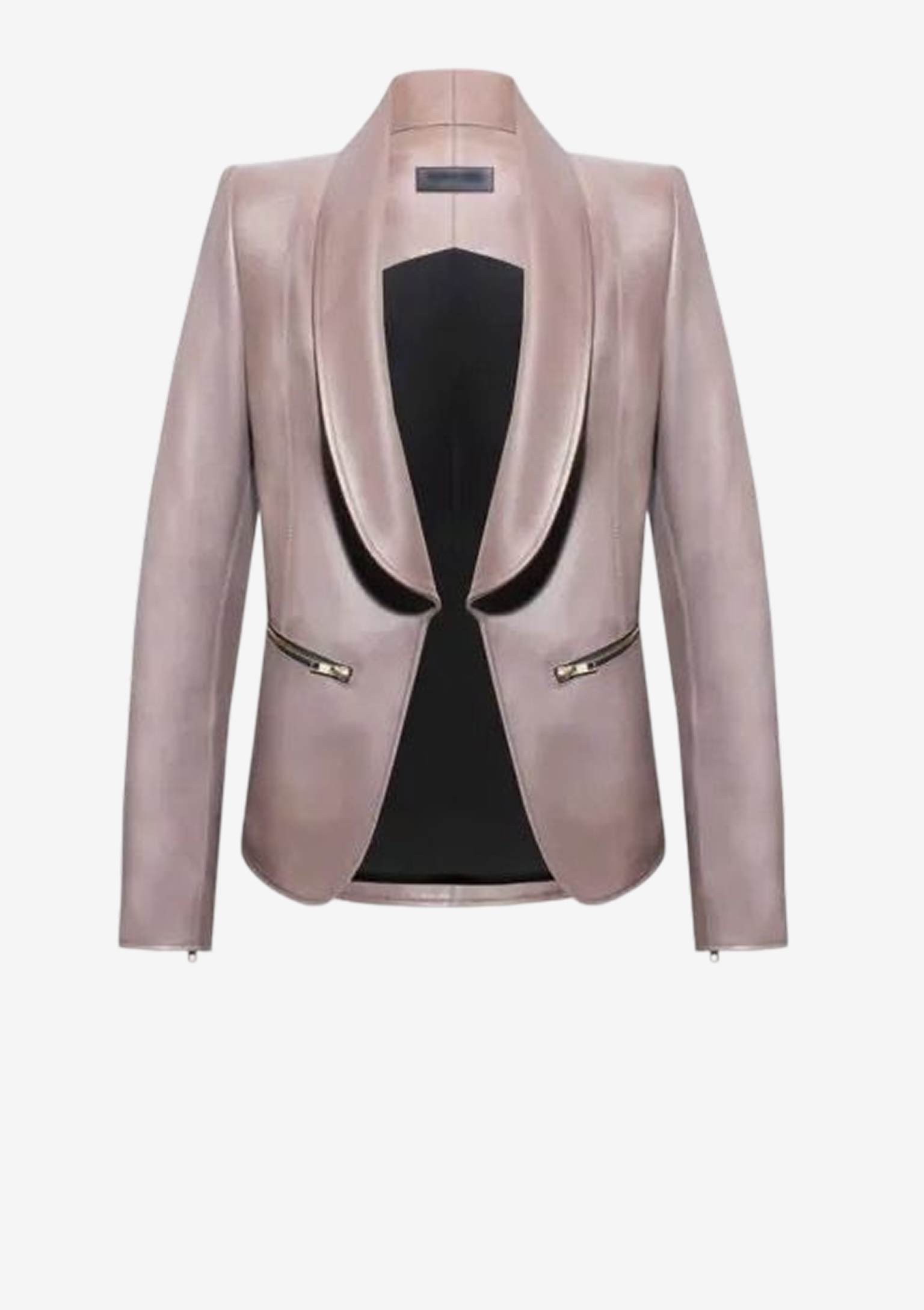 Mauvefarbener Designer Lederblazer für Damen aus Lammleder mit fließendem Schalkragen, taillierter Silhouette und Reißverschlusstaschen von Stefan Eckert