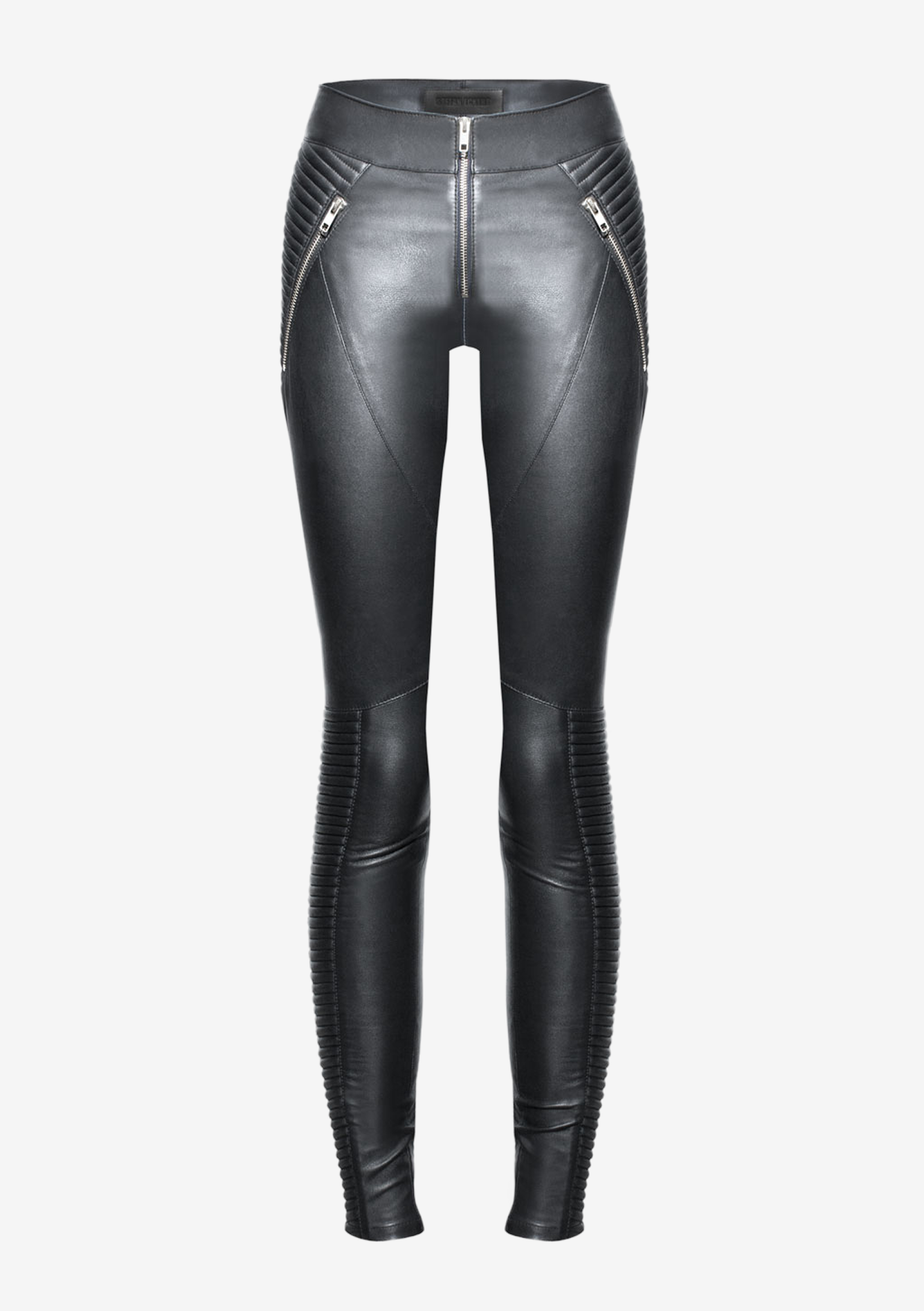 Designer Lederhosen von Stefan Eckert, hergestellt aus exklusivem Lamm-Stretchleder, Farbe schwarz, mit Biker-Steppungen.
