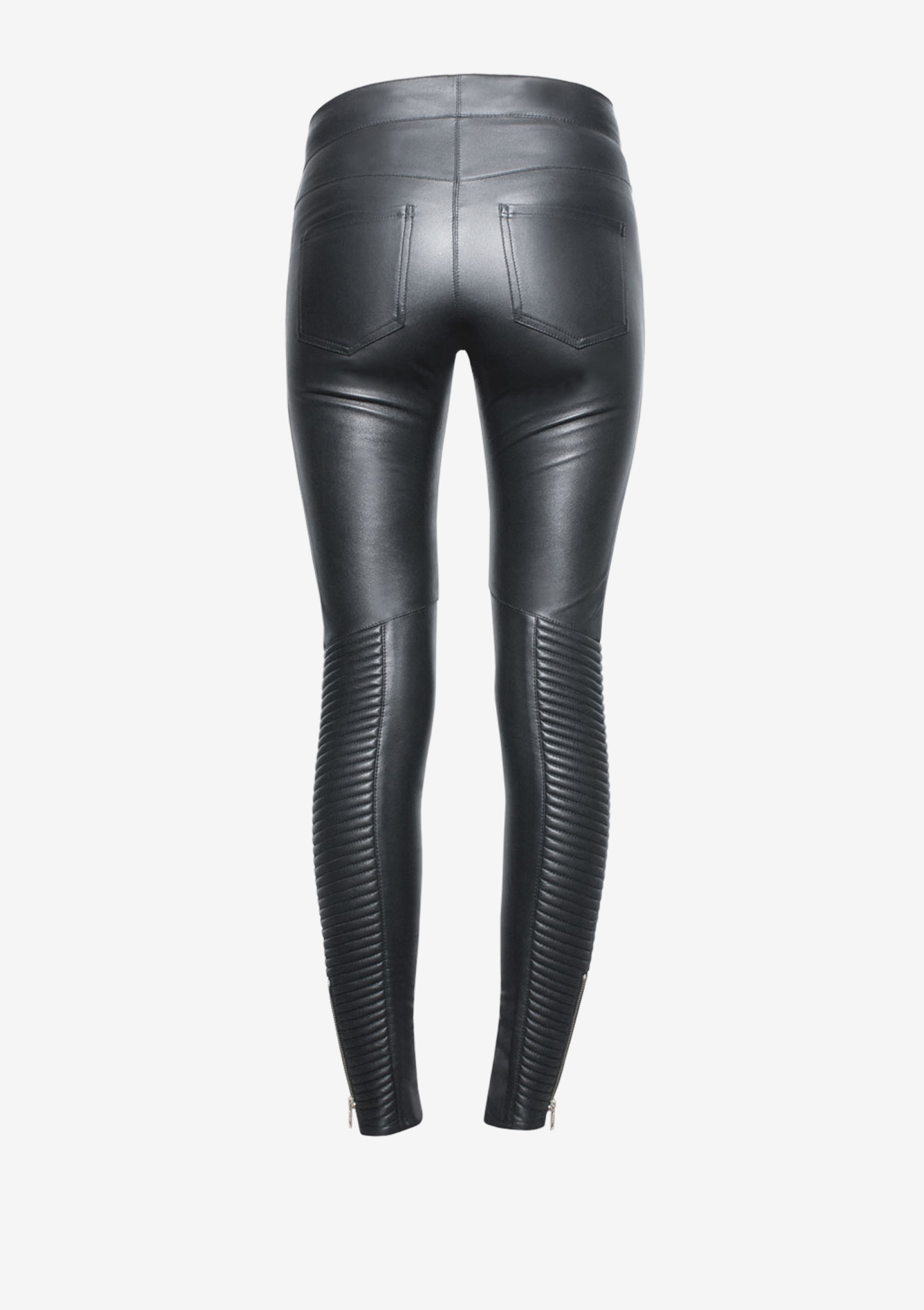 Designer Lederhosen von Stefan Eckert, hergestellt aus exklusivem Lamm-Stretchleder, Farbe schwarz, mit Biker-Steppungen.