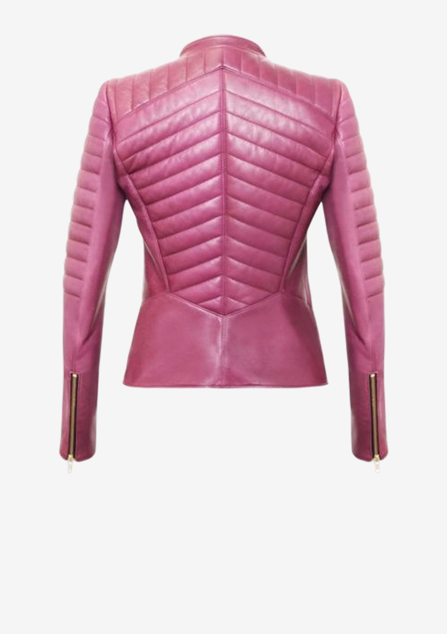 Rückansicht der Designer Lederjacke für Damen in Berry aus französischem Lammleder mit aufwendiger Rückensteppung und körpernaher Passform von Stefan Eckert.