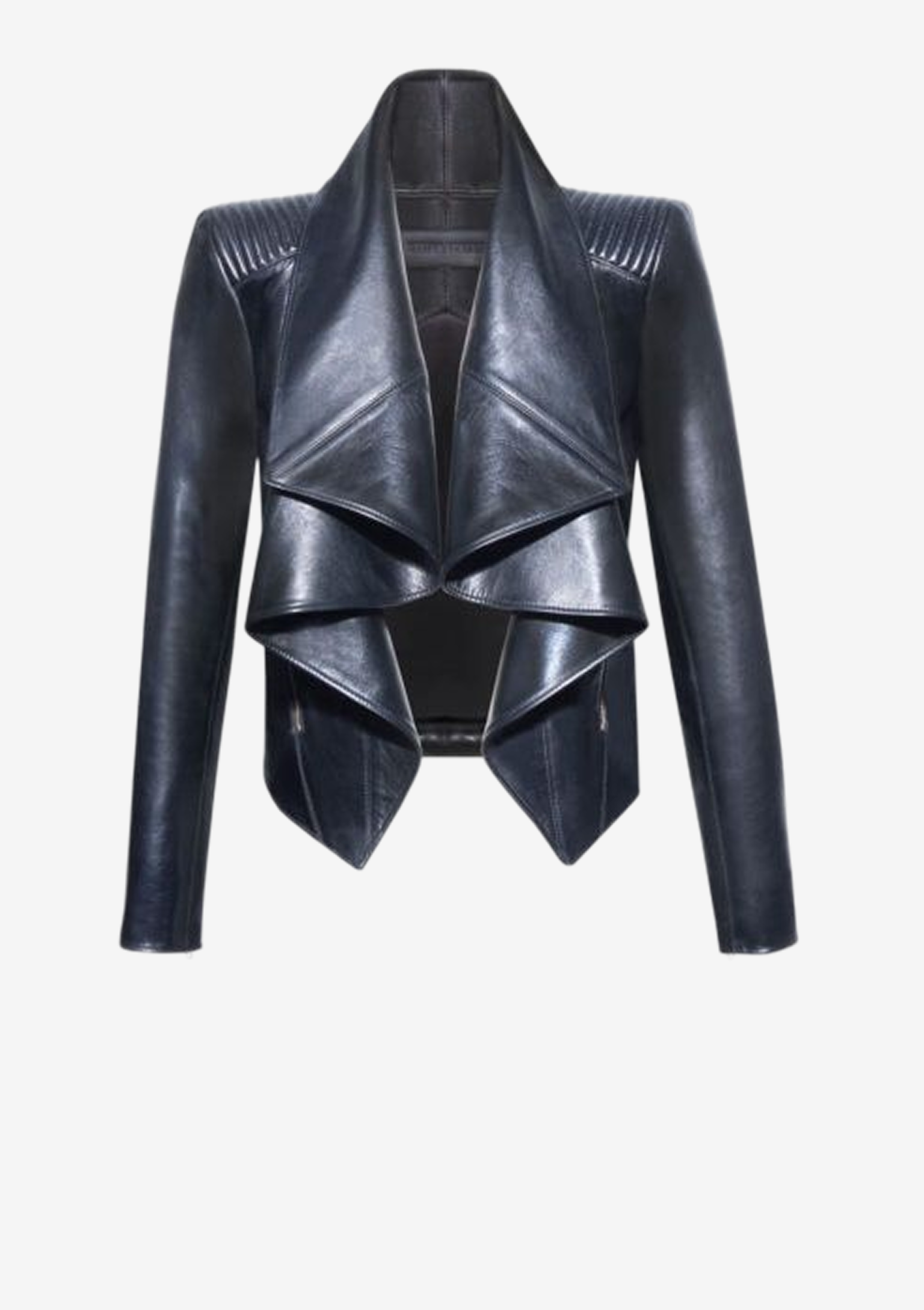Lederjacke Damen mit Volantkragen - B2 - Lederjacke-Damen-Volant-und-Schultersteppung,-schwarz,-von-Modedesigner-Stefan-Eckert-aus-Hamburg-1