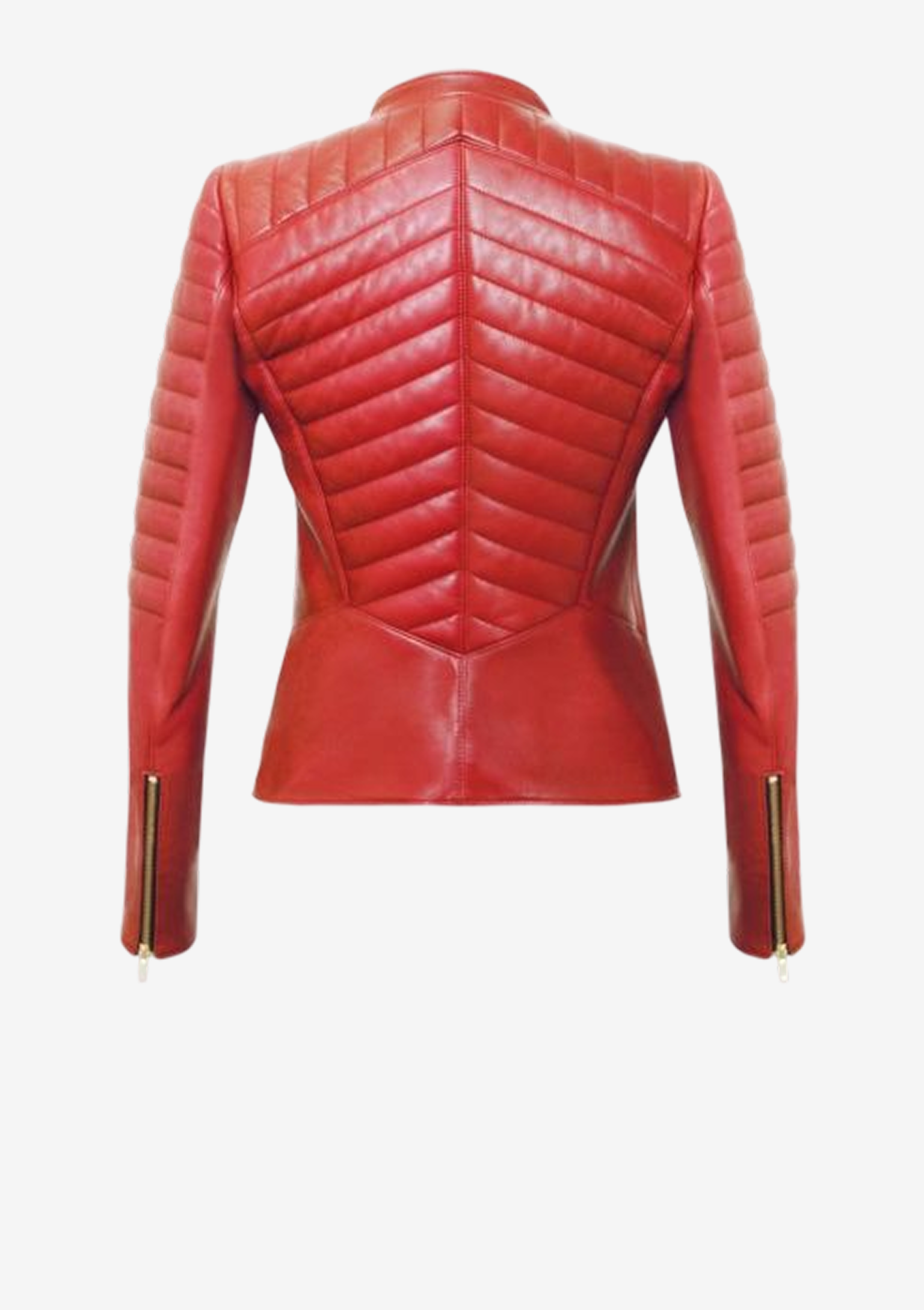 Rückansicht der roten Designer Lederjacke für Damen aus französischem Lammleder mit charakteristischer Rückensteppung, Bikerdetails und körpernaher Passform von Stefan Eckert.
