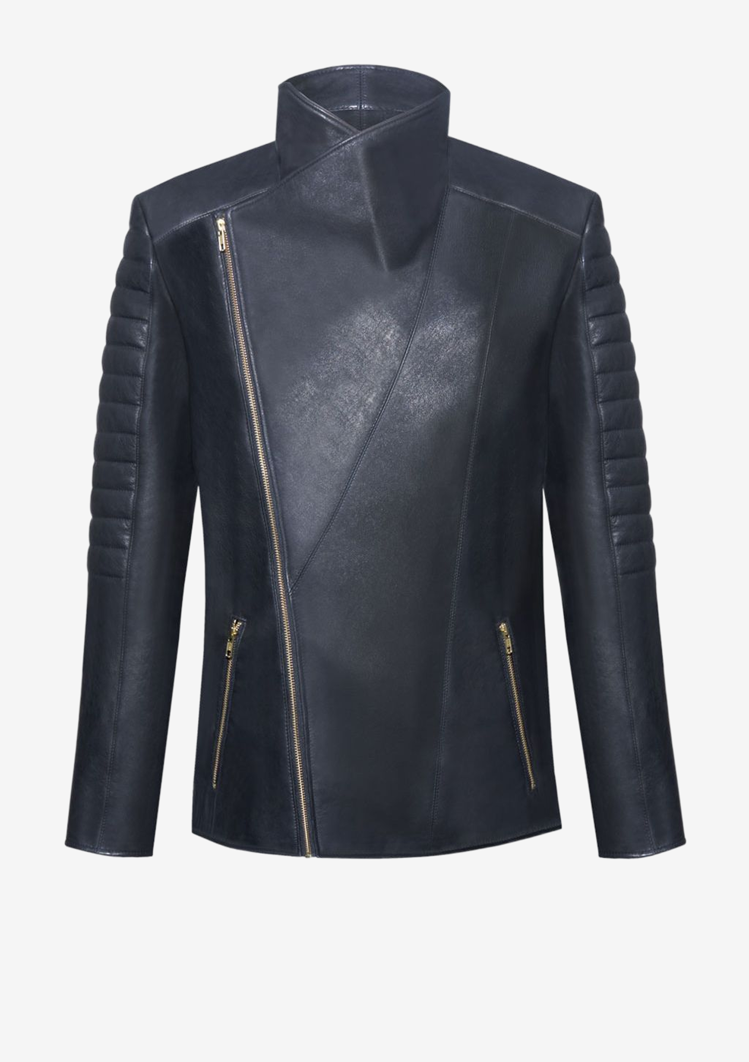 Luxus Lederjacke Herren von Designer Stefan Eckert aus Hamburg, mit raffiniert geschnittenem Kragen und Steppungen in Farbe schwarz. Der Look ist inspiriert am Bikerstil. Ein Modell von Designer Stefan Eckert aus Hamburg