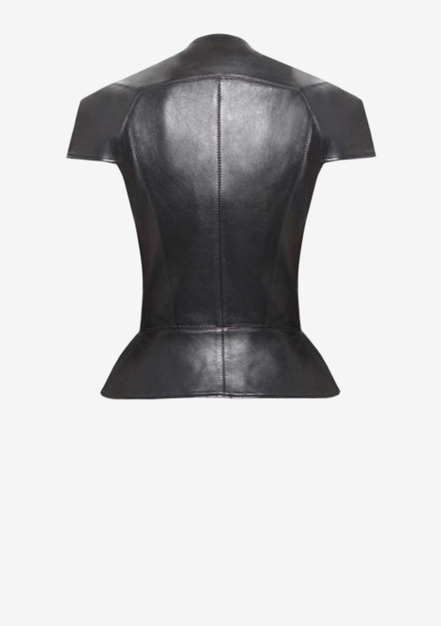 Rückansicht schwarze Designer Lederjacke für Damen aus französischem Lammleder mit markanter Schulterpartie, tailliertem Schnitt und asymmetrischem Reißverschluss von Stefan Eckert.