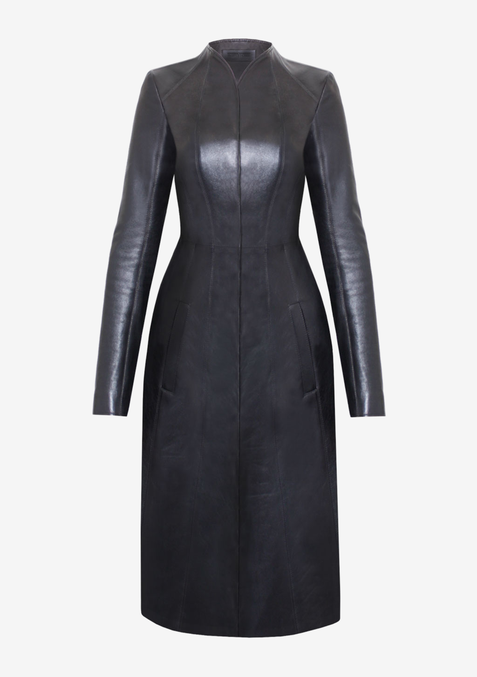 Exklusiver Mantel Damen mit hohem Kragen aus hochwertigem Leder, von Designer Stefan Eckert. Online in Gr. 34-44 und als Maßanfertigung in Hamburg
