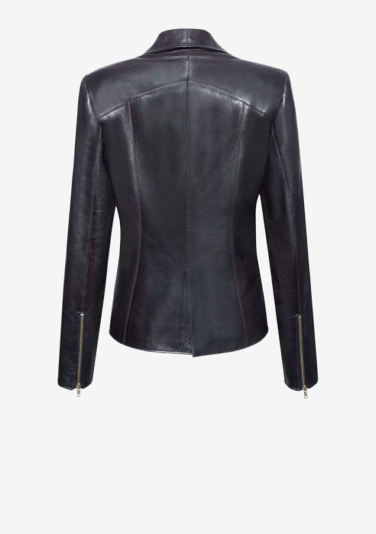 Rückansicht brauner Lederblazer für Damen aus weichem Lammleder mit Schalkragen, taillierter Passform und seitlichen Reißverschlusstaschen von Designer Stefan Eckert