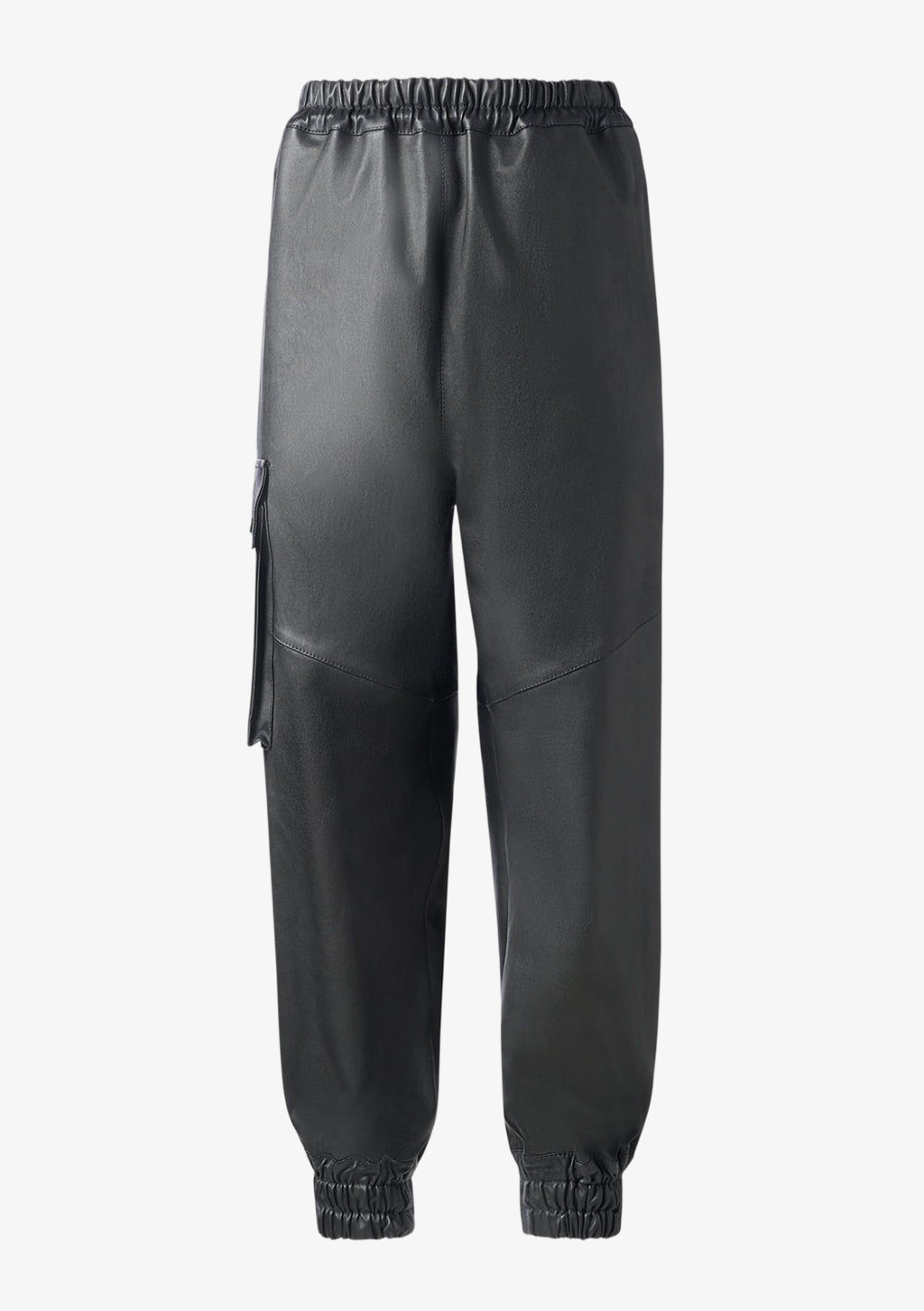 Leder Jogger Pants für Damen aus Stretch-Lammleder mit Seitentasche mit Logo-Stickerei von Designer Stefan Eckert. Erhältlich in Hamburg, London, New York und London. Leather jogger pants for women made of stretch lamb leather with side pocket with logo embroidery by designer Stefan Eckert. Available in Hamburg, London, New York and London.