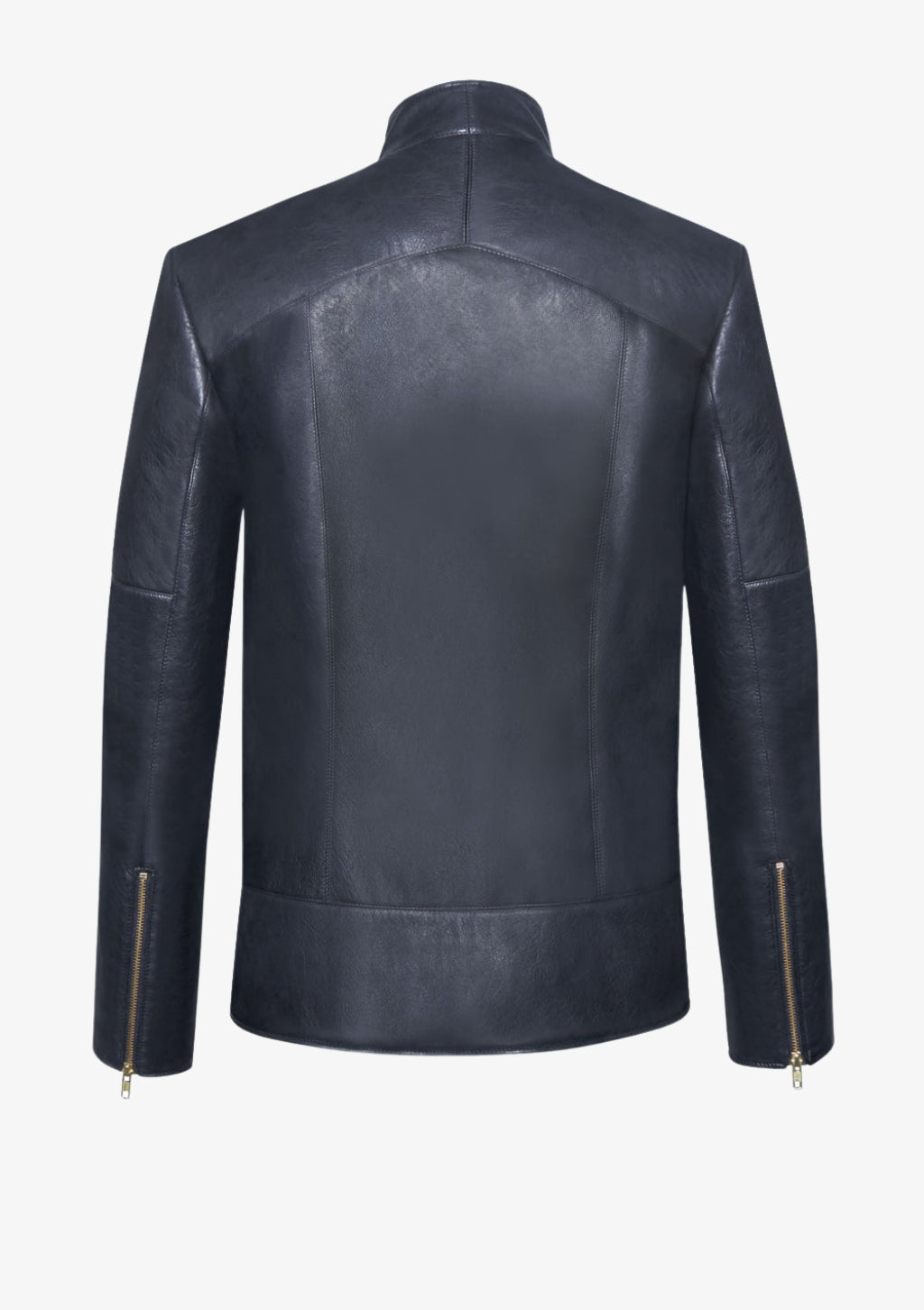 Rückansicht der schwarzen Designer Lederjacke für Herren aus Lammleder von Stefan Eckert mit markanter Schulterpasse und Ärmelreißverschlüssen