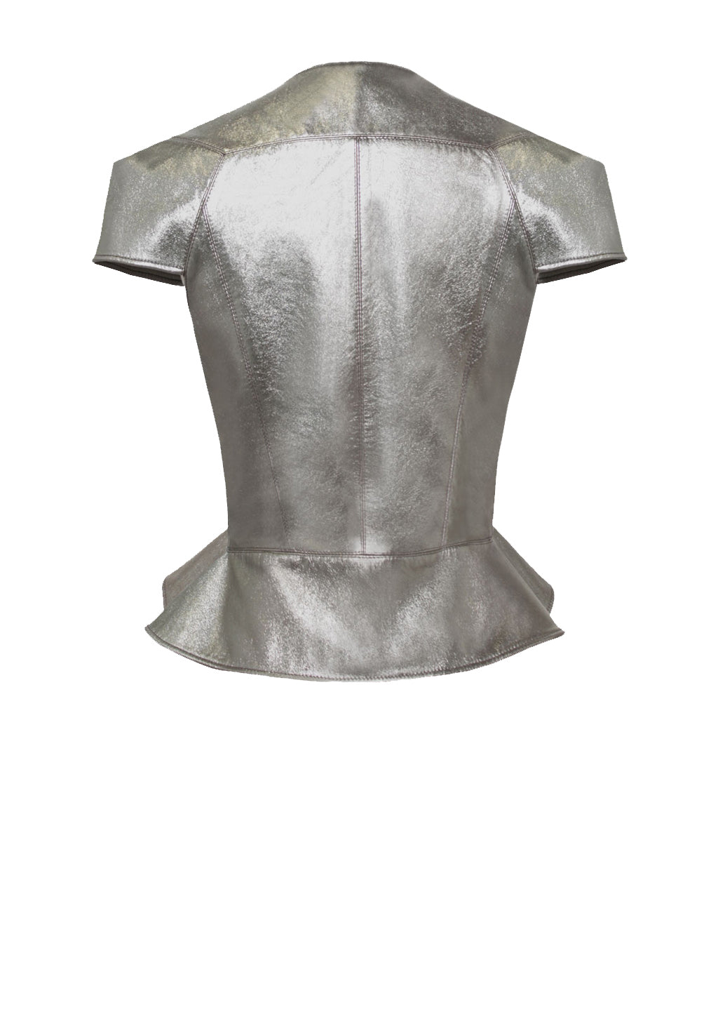 Metallic-goldene Luxus Designer Lederjacke mit präziser Linienführung, körpernah geformter Rückenpartie und femininem Schößchen als markantem Designdetail.