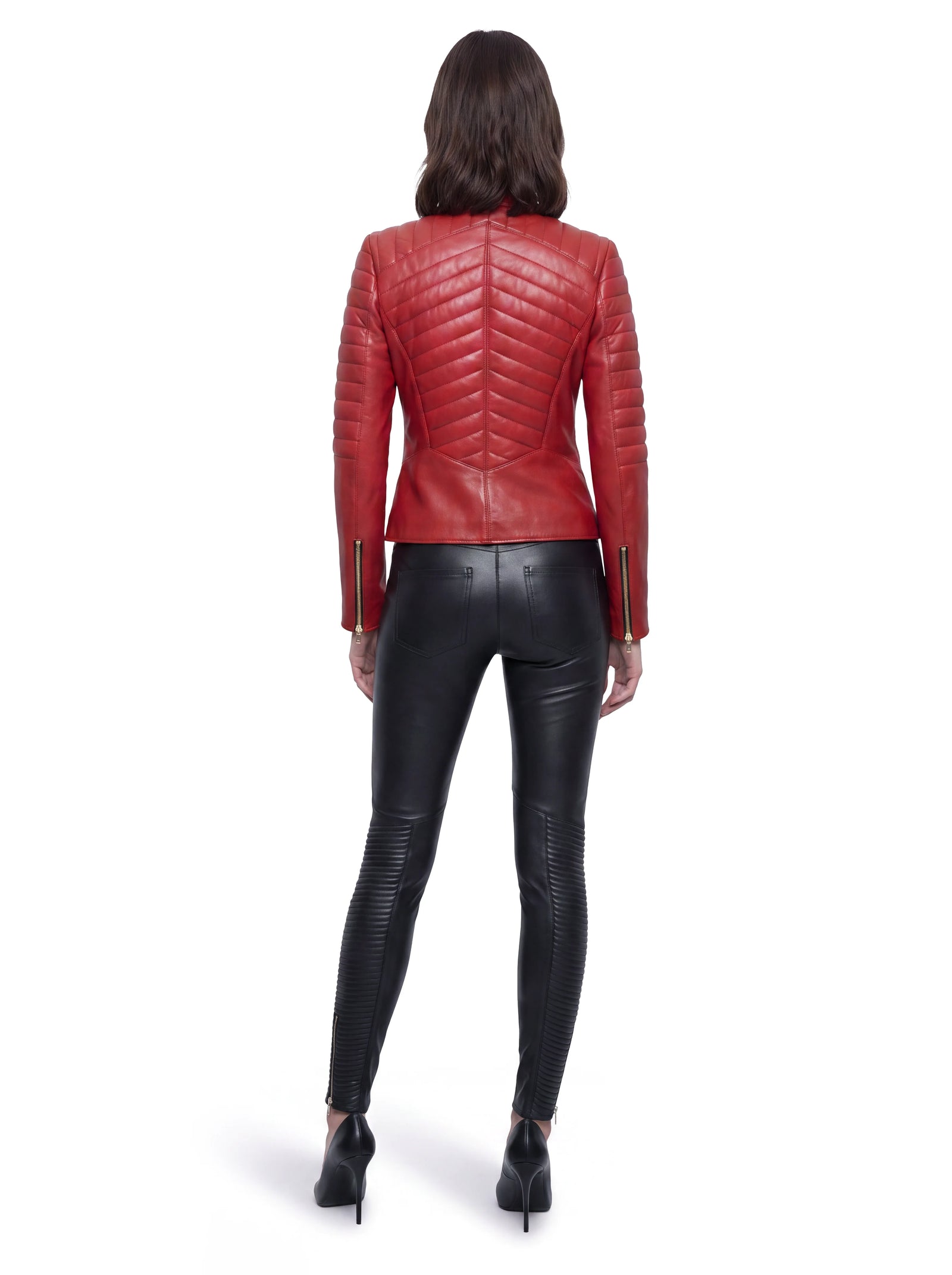 Rote Luxus Designer Lederjacke in der Rückansicht mit körpernaher Passform und aufwendig geometrisch gesteppten Lederpartien an Rücken, Schultern und Ärmeln.