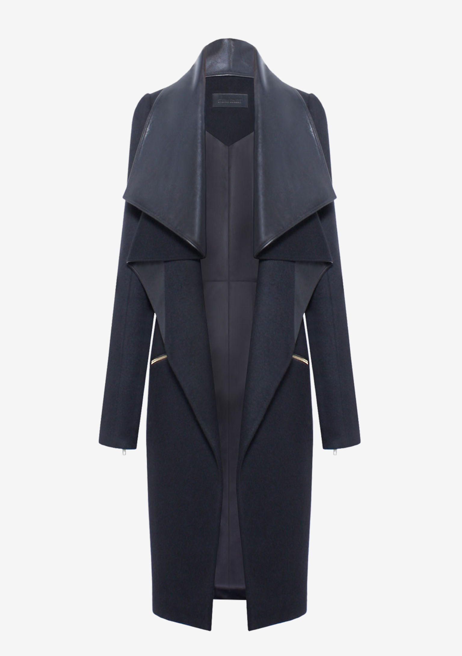 Exklusiver Mantel Damen mit Volantkragen aus edlem Kaschmir und hochwertigem Lammleder, von Designer Stefan Eckert. Online und im Store in Hamburg