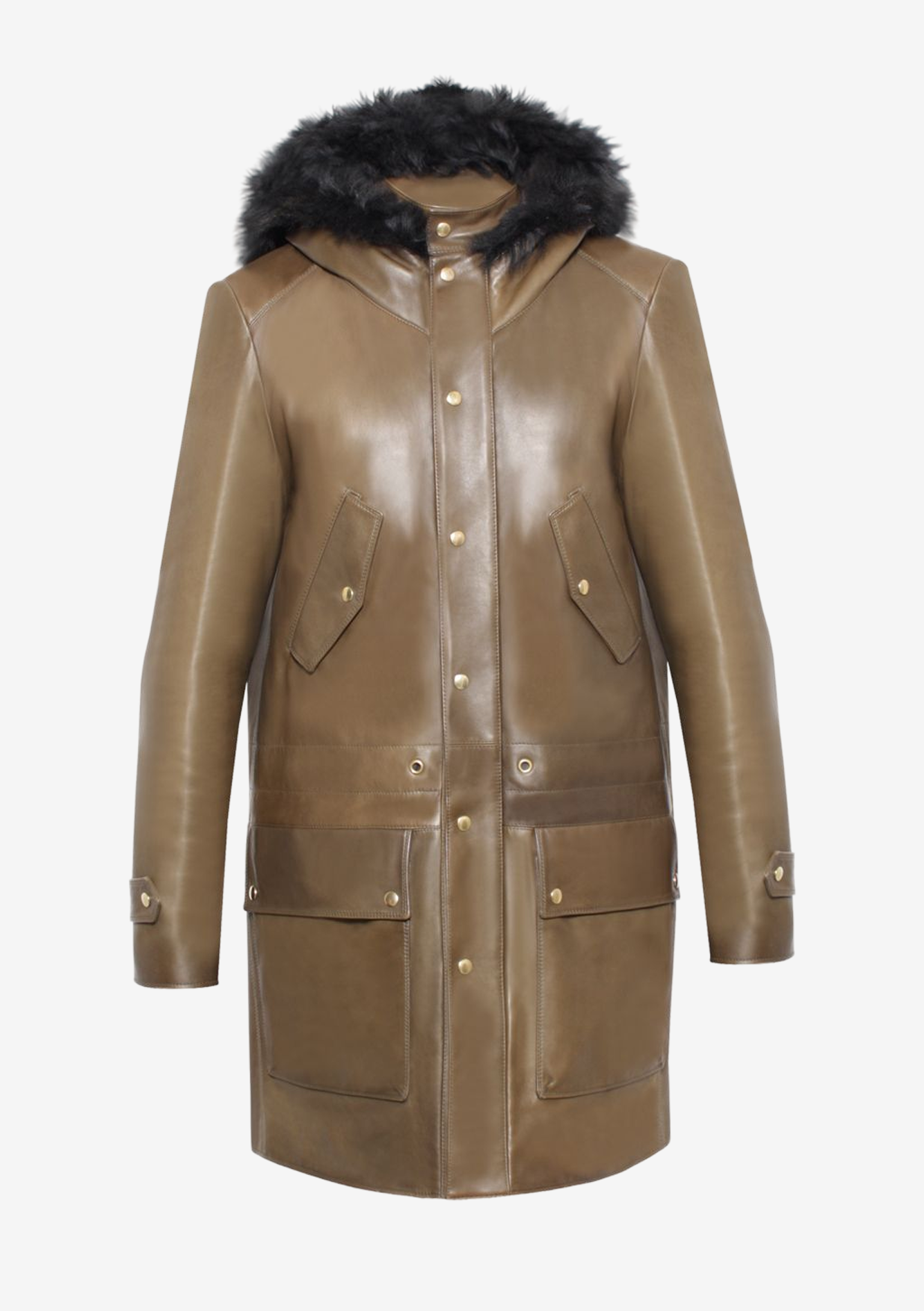 Parka für Herren aus Lammleder in Farbe Olive/Military. Gearbeitet aus exklusive französischem Lammleder. Die Kapuze ist eingefasst mit luxuriösem Lammfell. Ein Modell von Designer Stefan Eckert aus Hamburg