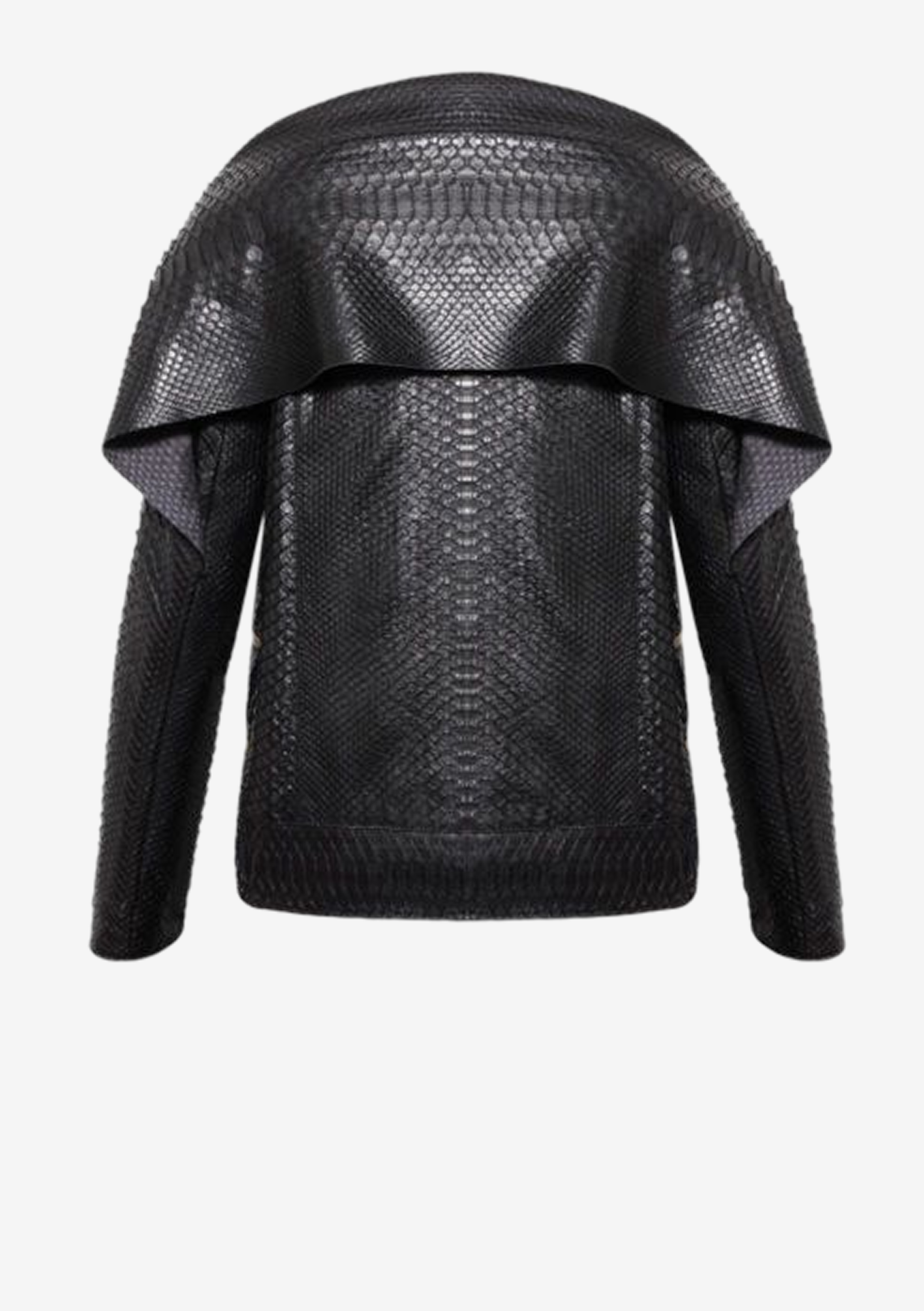 Rückansicht schwarze Designer Python Lederjacke für Damen mit markanter Schulterpartie und goldfarbenen Ringreißverschlüssen von Stefan Eckert.