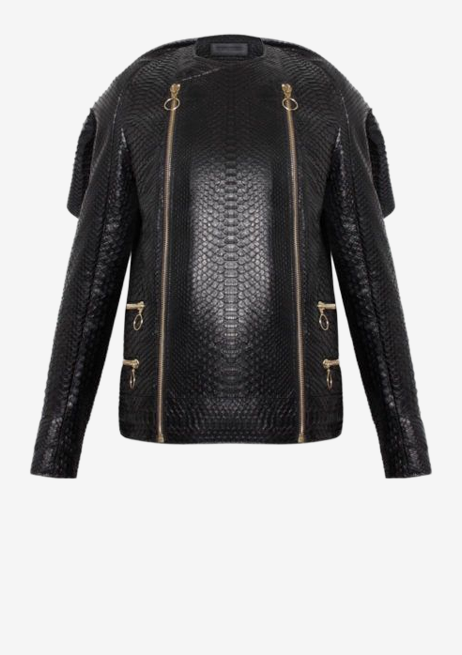 Schwarze Designer Python Lederjacke für Damen mit markanter Schulterpartie und goldfarbenen Ringreißverschlüssen von Stefan Eckert.