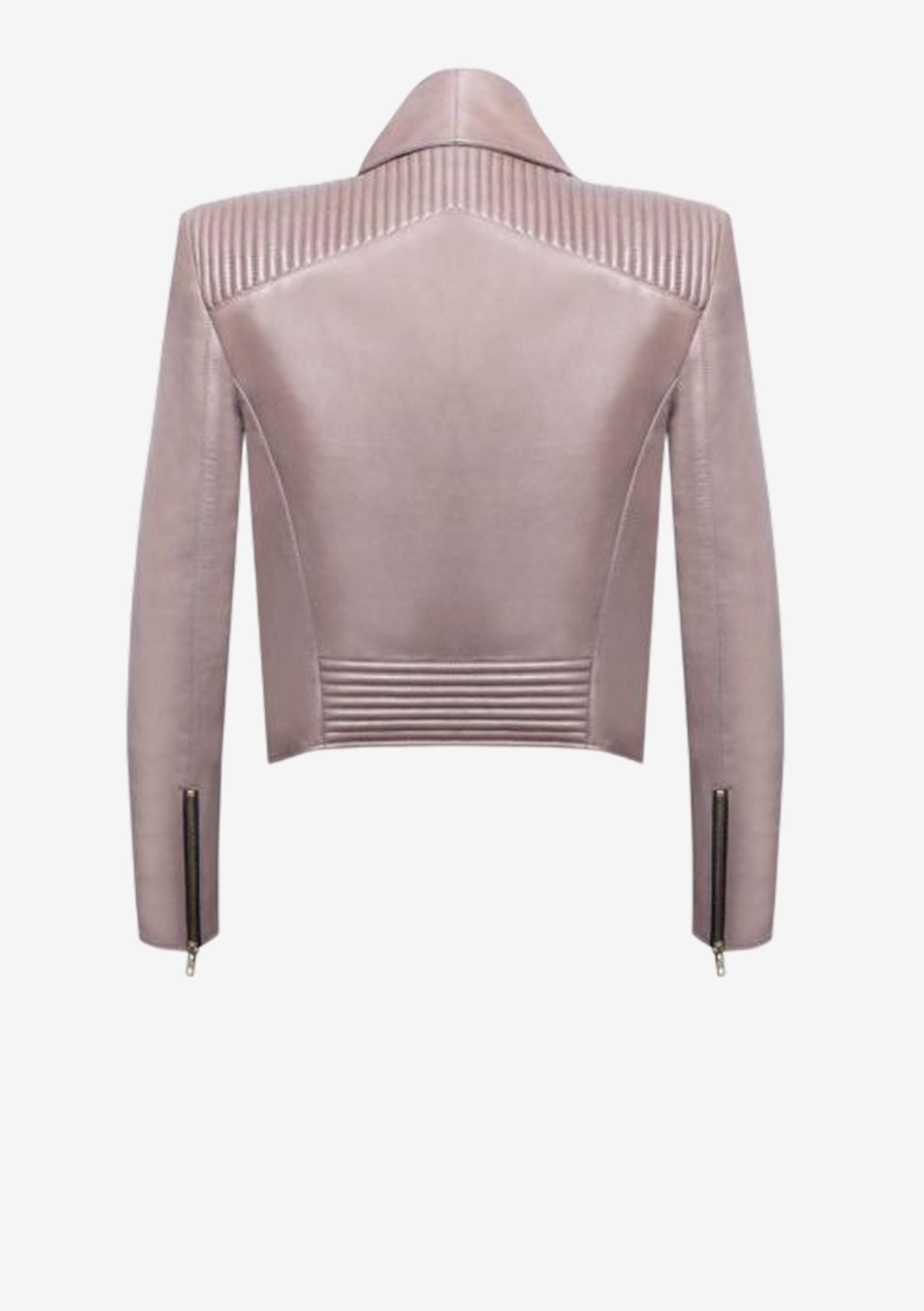 Rückansicht der Designer Lederjacke für Damen in Mauve mit Volantkragen und feinen Schultersteppungen von Stefan Eckert