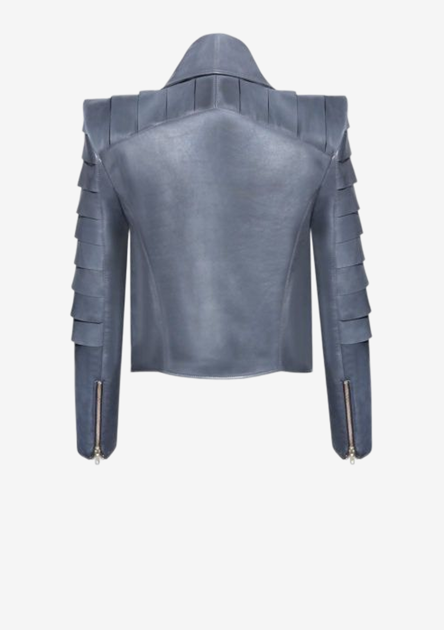 Rückansicht von Schiefergraue Designer Lederjacke für Damen mit Volantkragen und schuppenartigen Lederapplikationen an den Ärmeln
